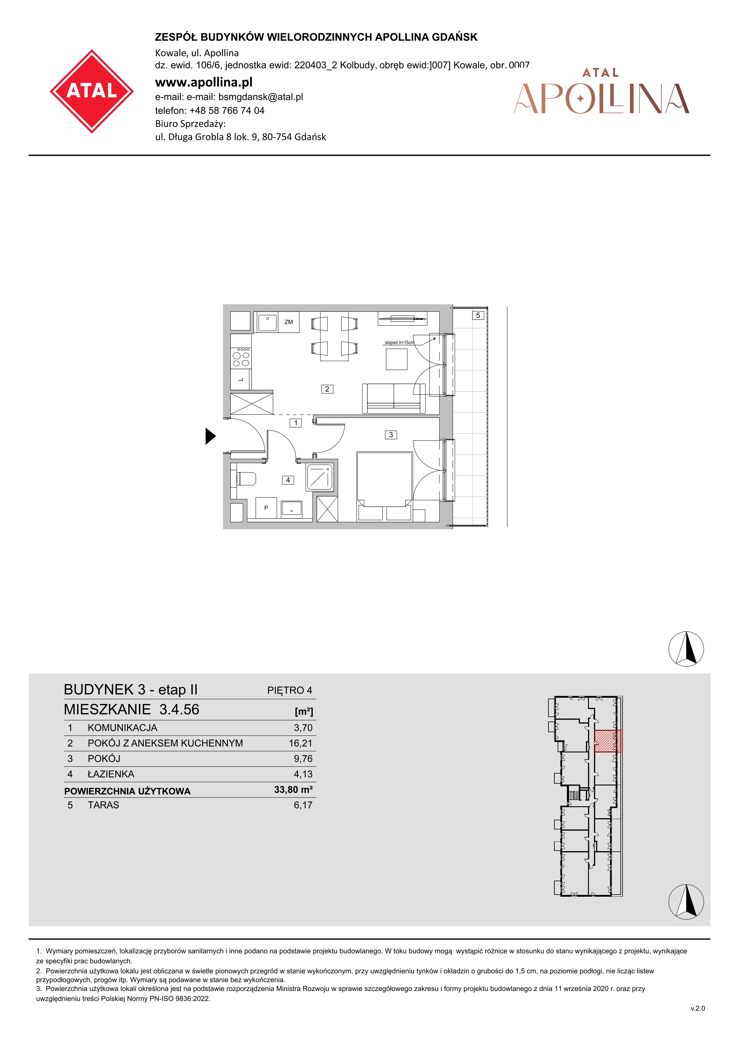 Mieszkanie 33,80 m², piętro 4, oferta nr 3.4.56, ATAL Apollina II, Kowale, ul. Apollina