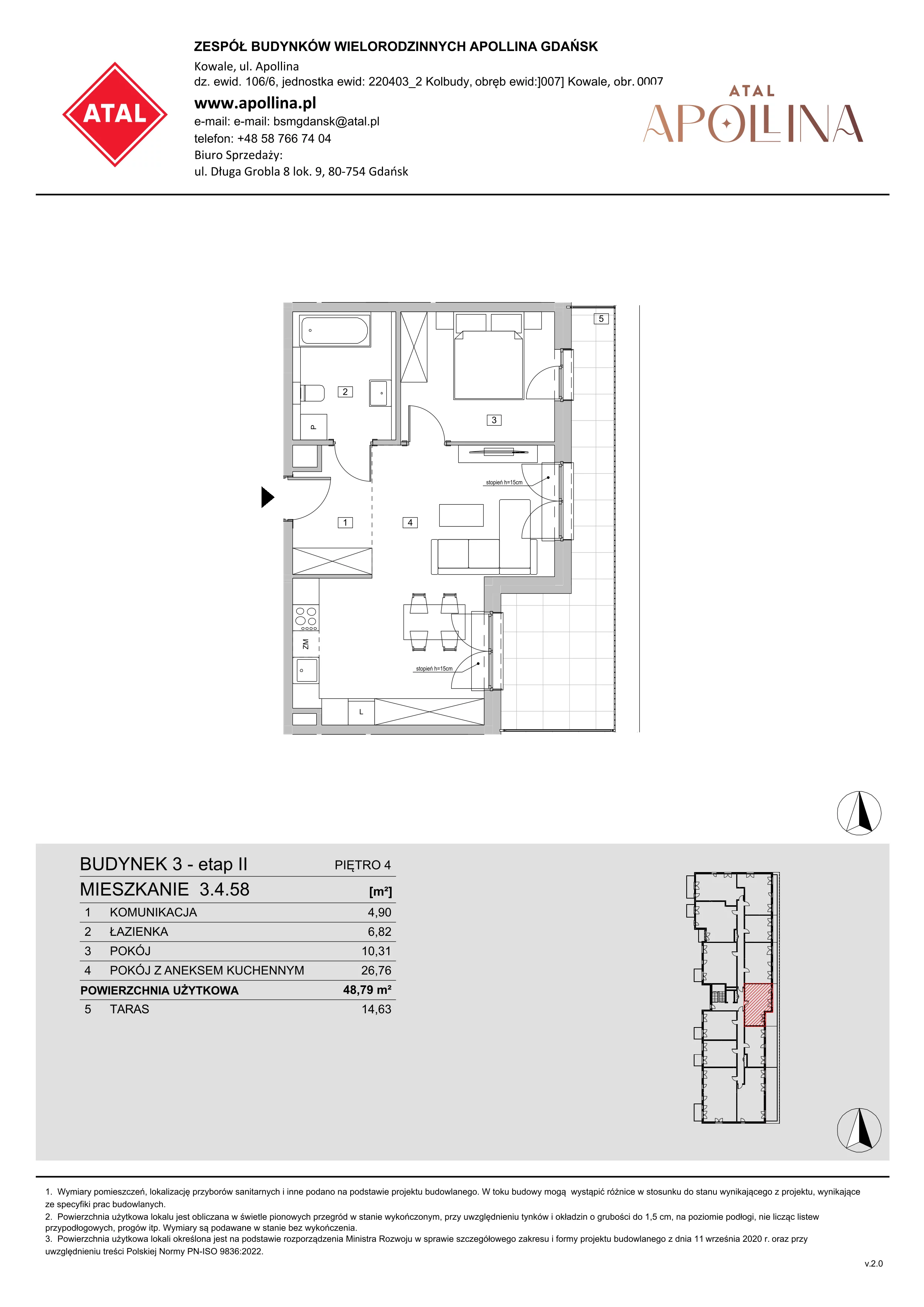 Mieszkanie 48,79 m², piętro 4, oferta nr 3.4.58, ATAL Apollina II, Kowale, ul. Apollina