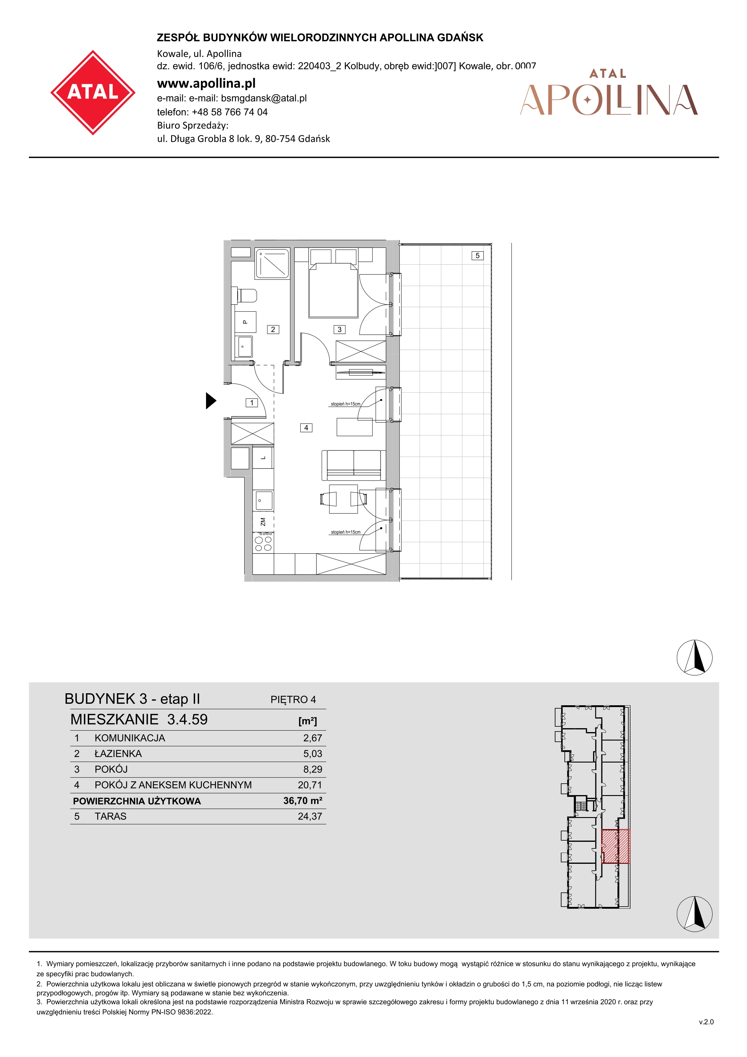 Mieszkanie 36,70 m², piętro 4, oferta nr 3.4.59, ATAL Apollina II, Kowale, ul. Apollina