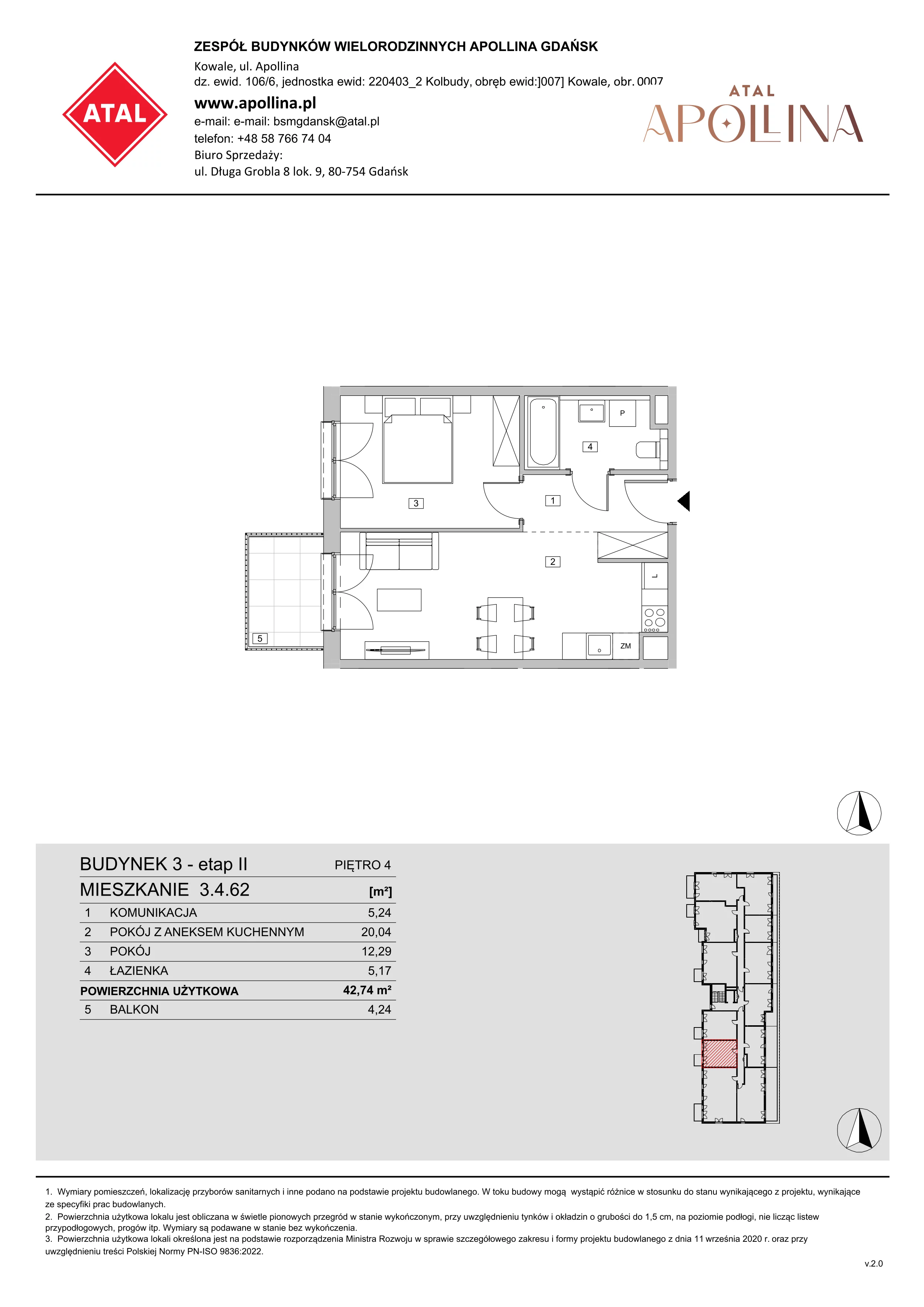 Mieszkanie 42,74 m², piętro 4, oferta nr 3.4.62, ATAL Apollina II, Kowale, ul. Apollina