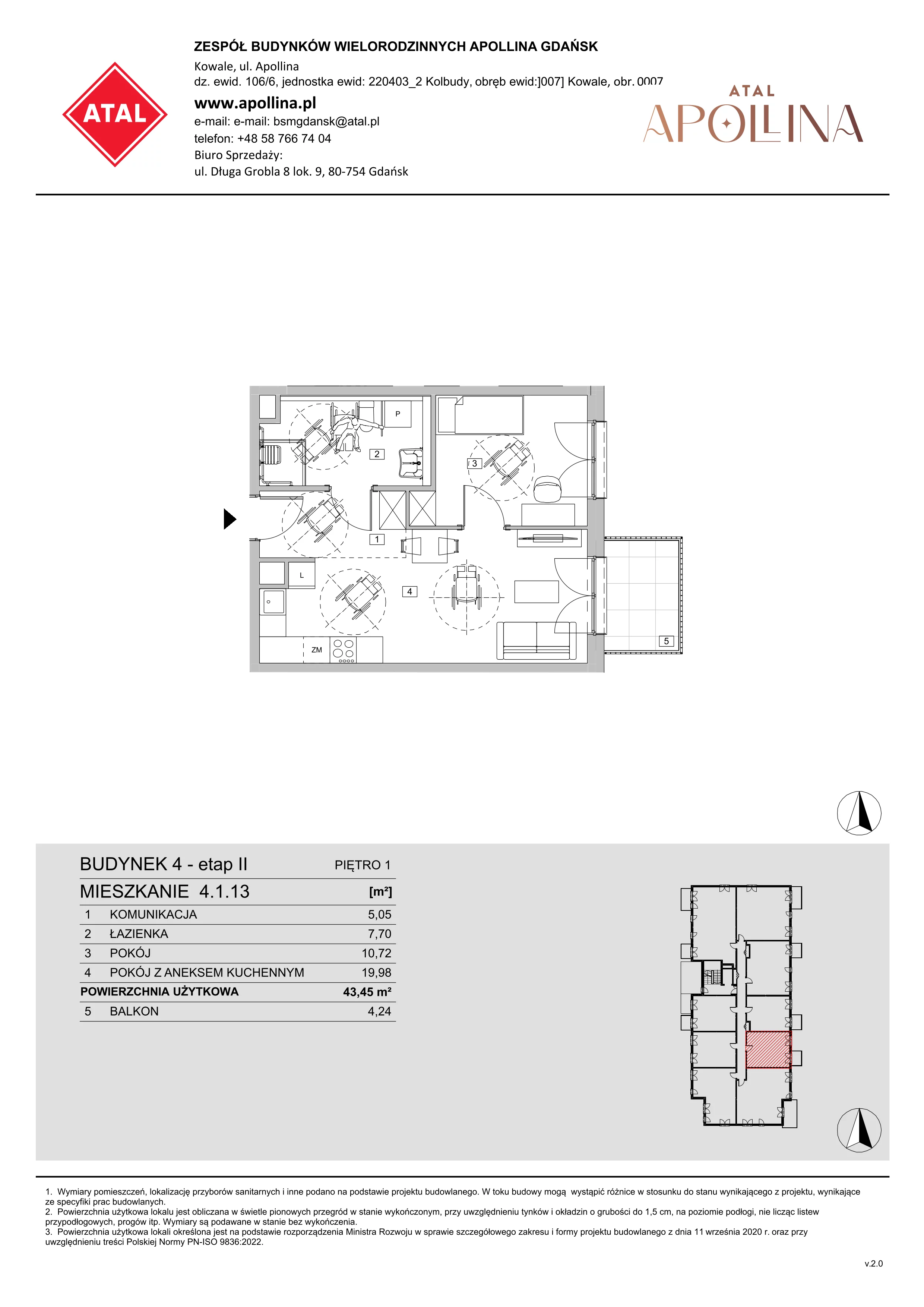 Mieszkanie 43,45 m², piętro 1, oferta nr 4.1.13, ATAL Apollina II, Kowale, ul. Apollina