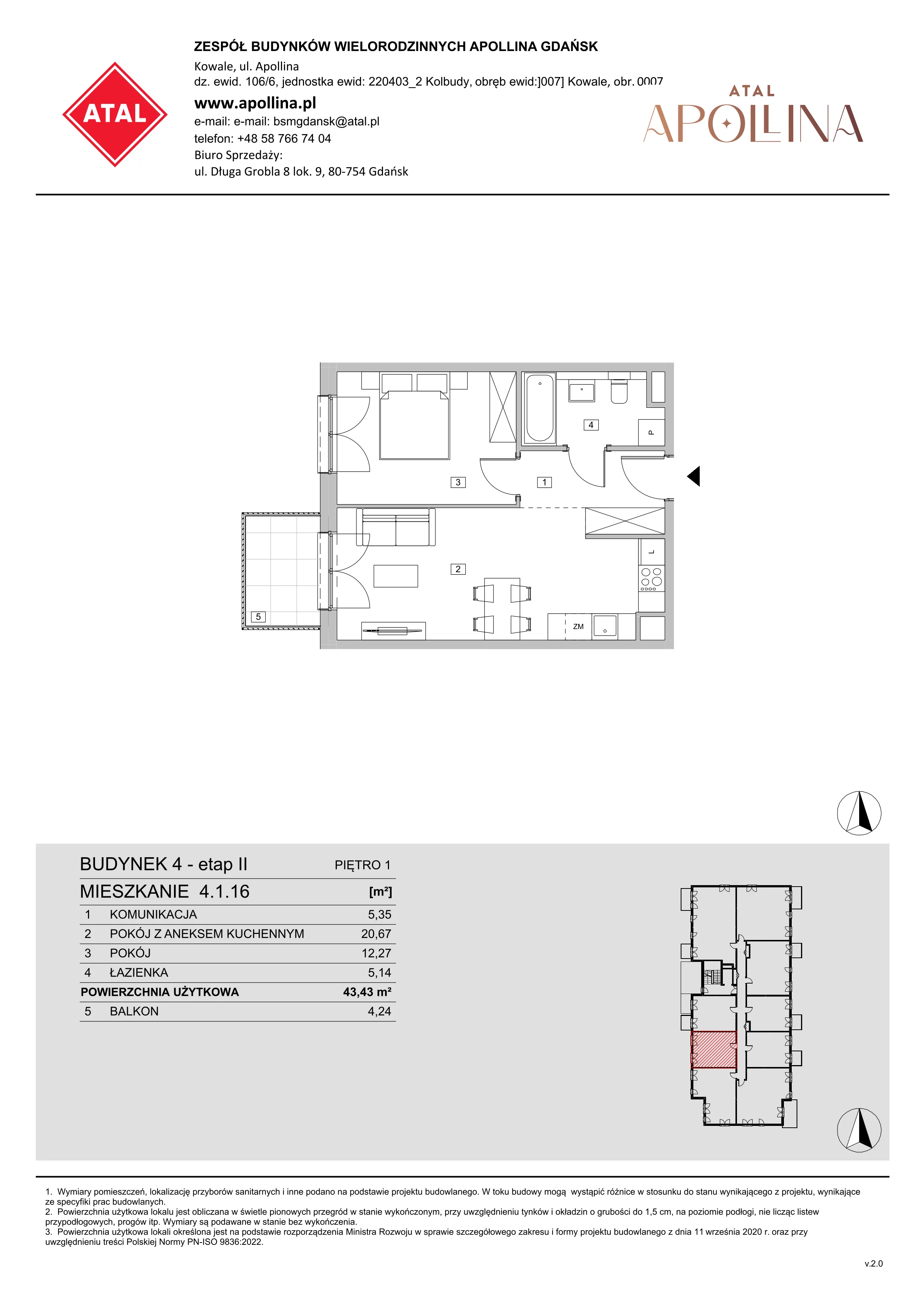 Mieszkanie 43,43 m², piętro 1, oferta nr 4.1.16, ATAL Apollina II, Kowale, ul. Apollina