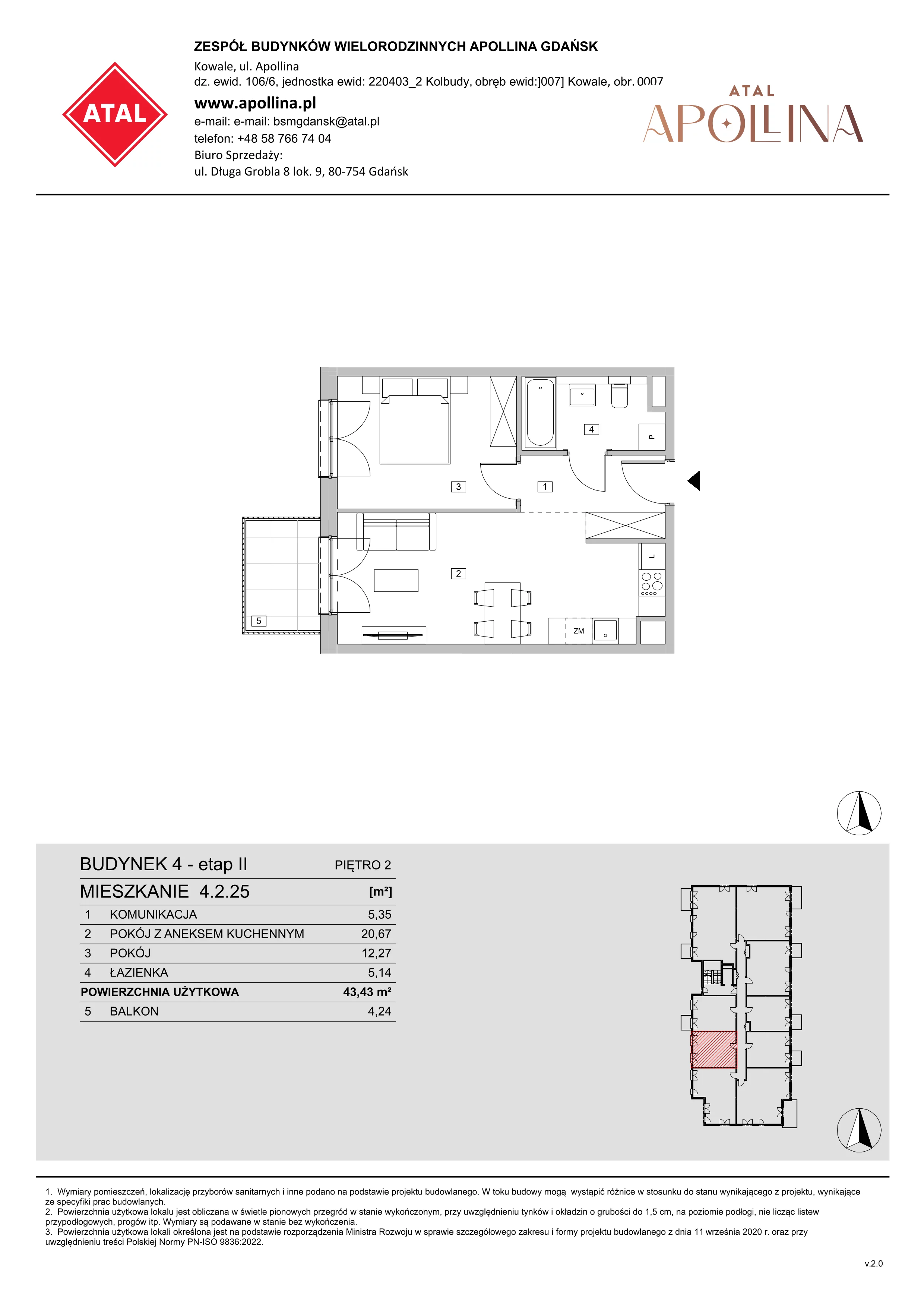 Mieszkanie 43,43 m², piętro 2, oferta nr 4.2.25, ATAL Apollina II, Kowale, ul. Apollina