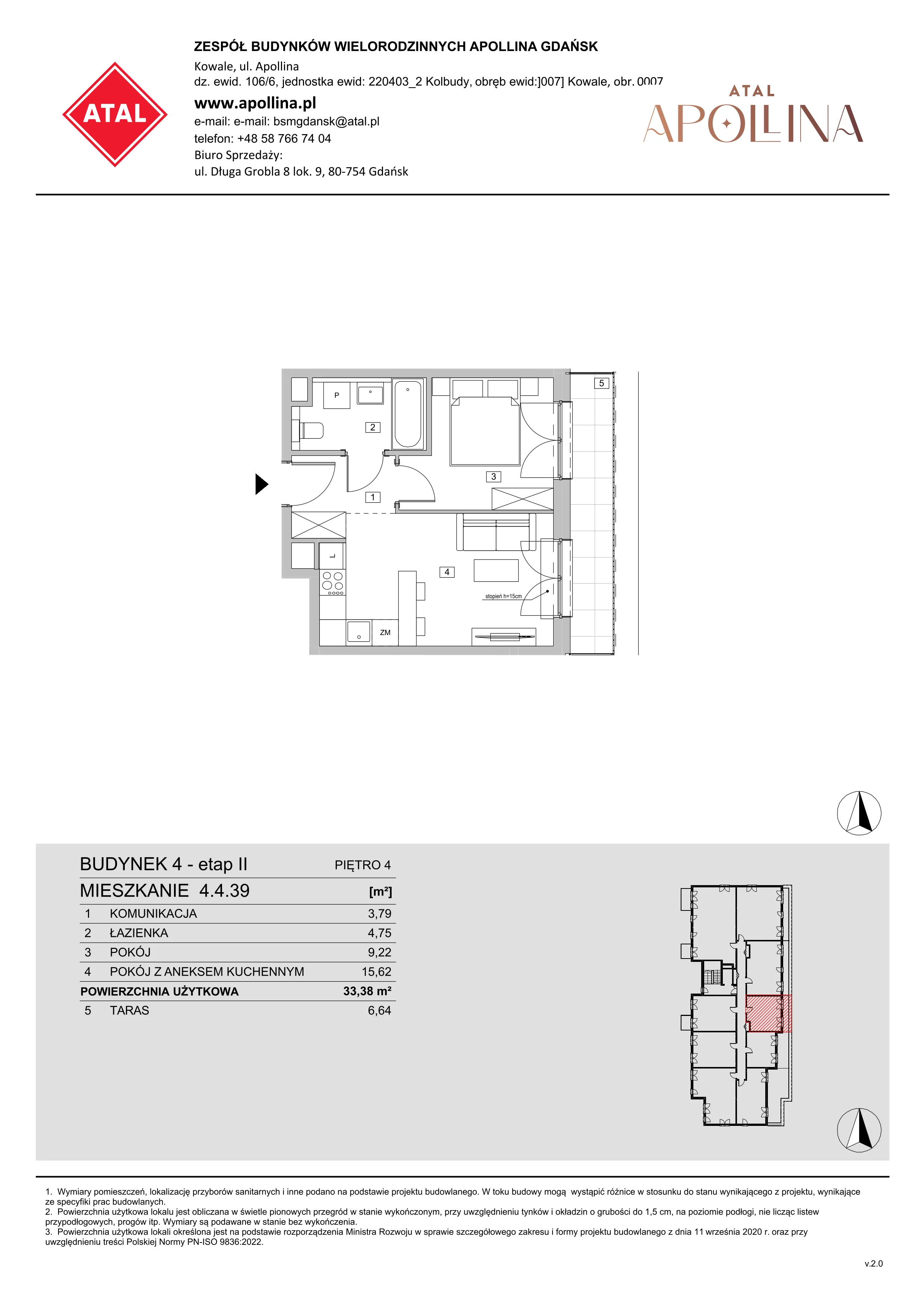 Mieszkanie 33,38 m², piętro 4, oferta nr 4.4.39, ATAL Apollina II, Kowale, ul. Apollina