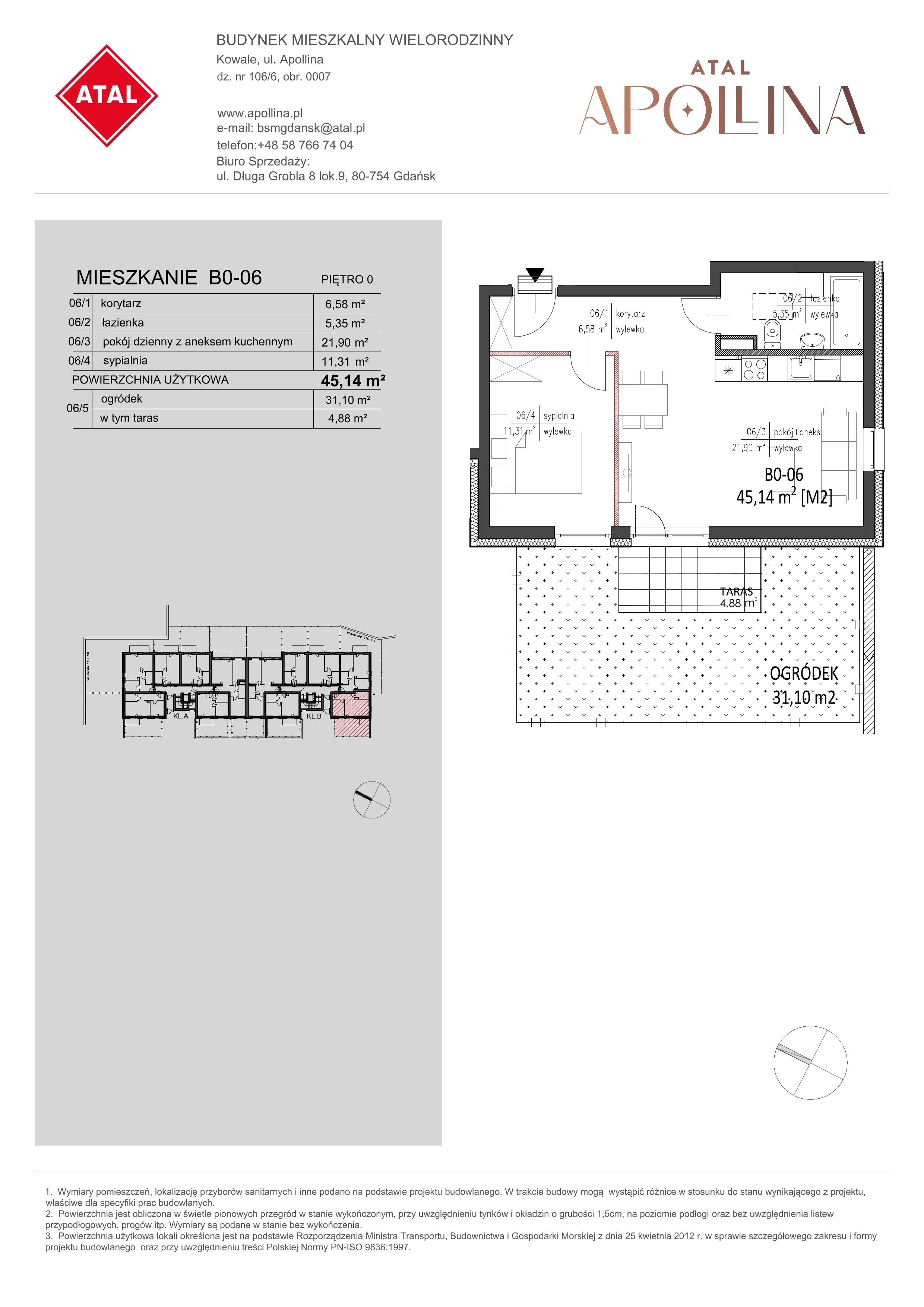 Mieszkanie 45,14 m², parter, oferta nr B0-06, ATAL Apollina, Kowale, ul. Apollina