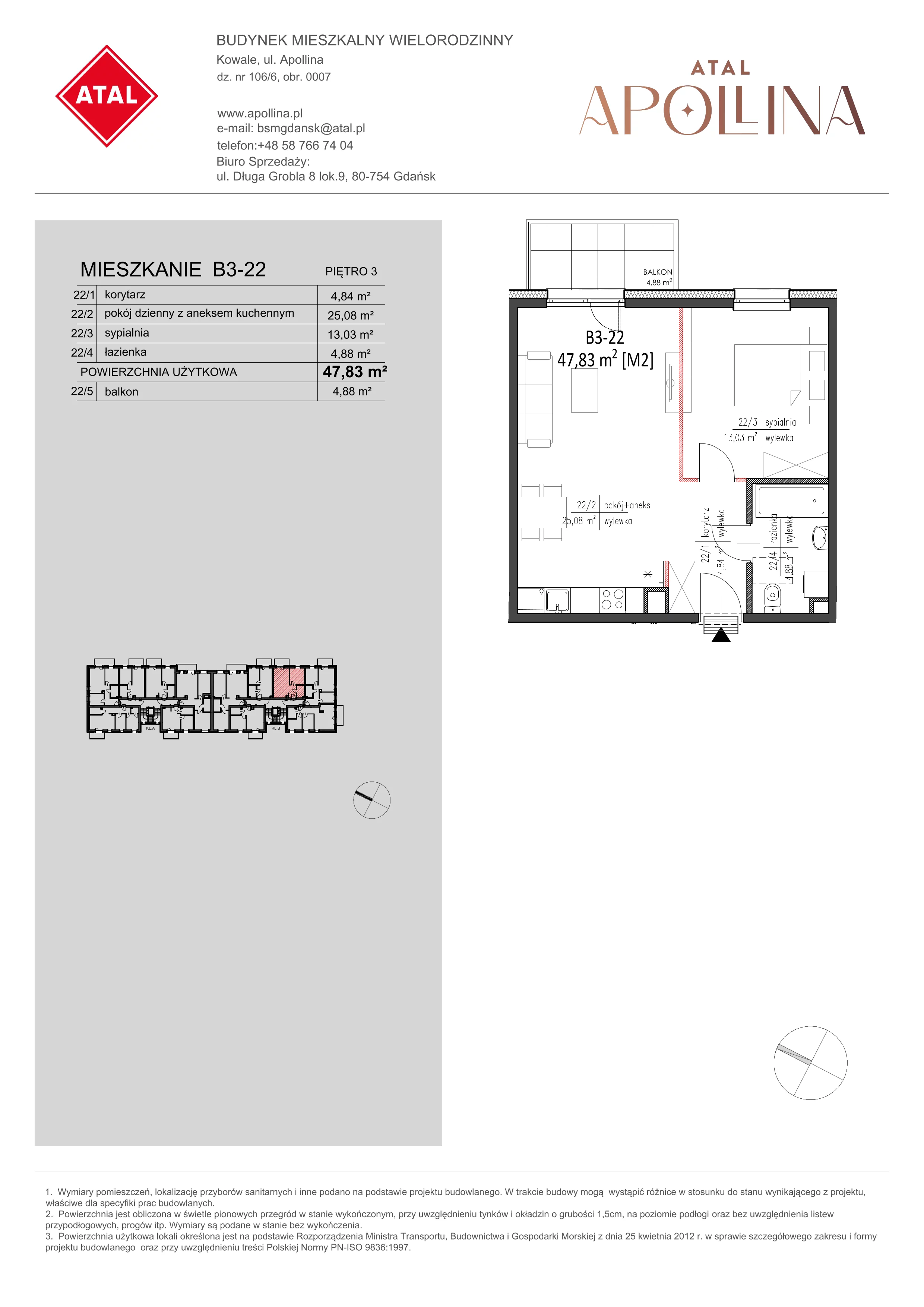 Mieszkanie 47,83 m², piętro 3, oferta nr B3-22, ATAL Apollina, Kowale, ul. Apollina