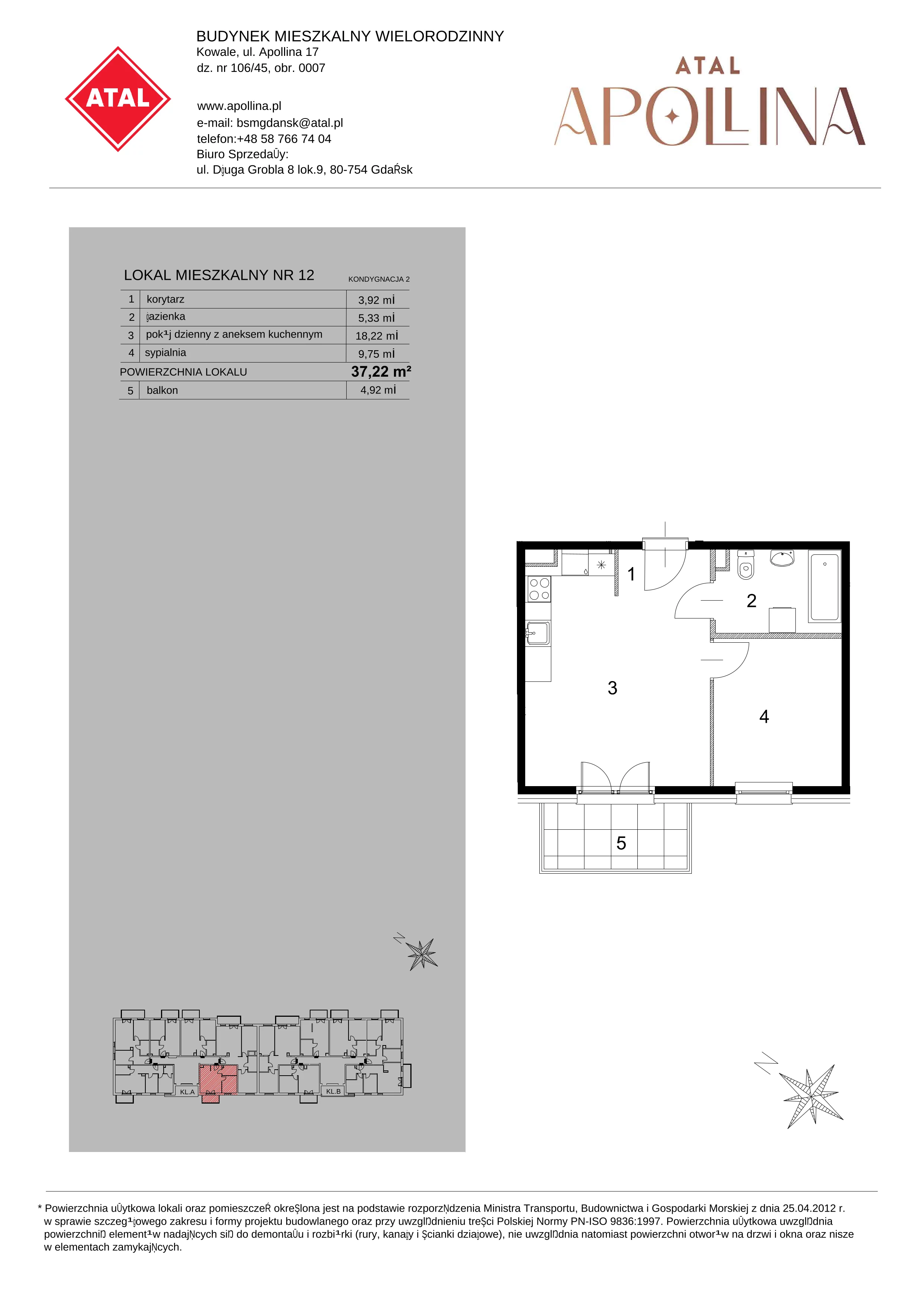 2 pokoje, mieszkanie 37,22 m², piętro 1, oferta nr A1-12, ATAL Apollina, Kowale, ul. Apollina