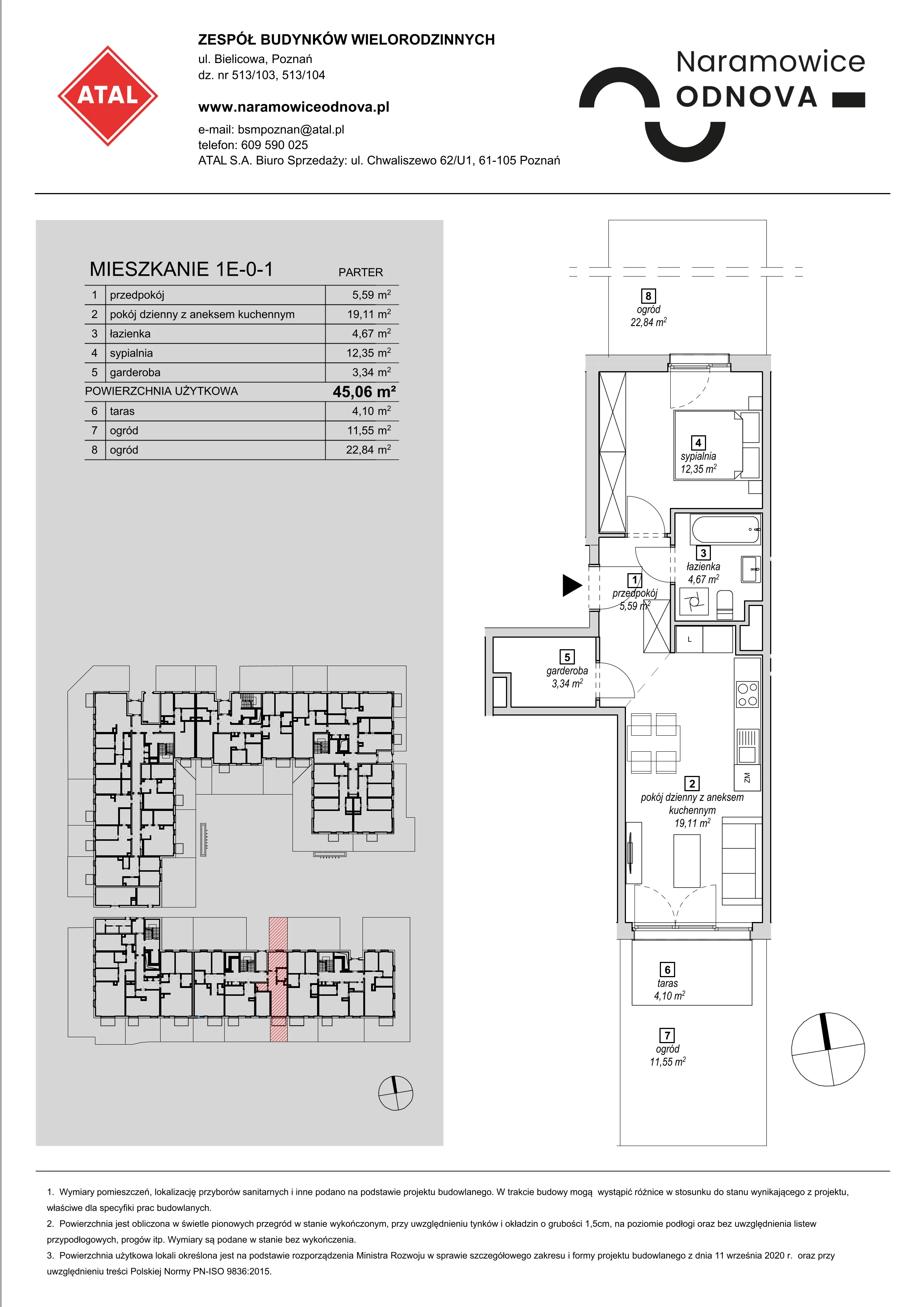 Mieszkanie 45,06 m², parter, oferta nr 1E-0-1, Naramowice Odnova, Poznań, Naramowice, ul. Bielicowa