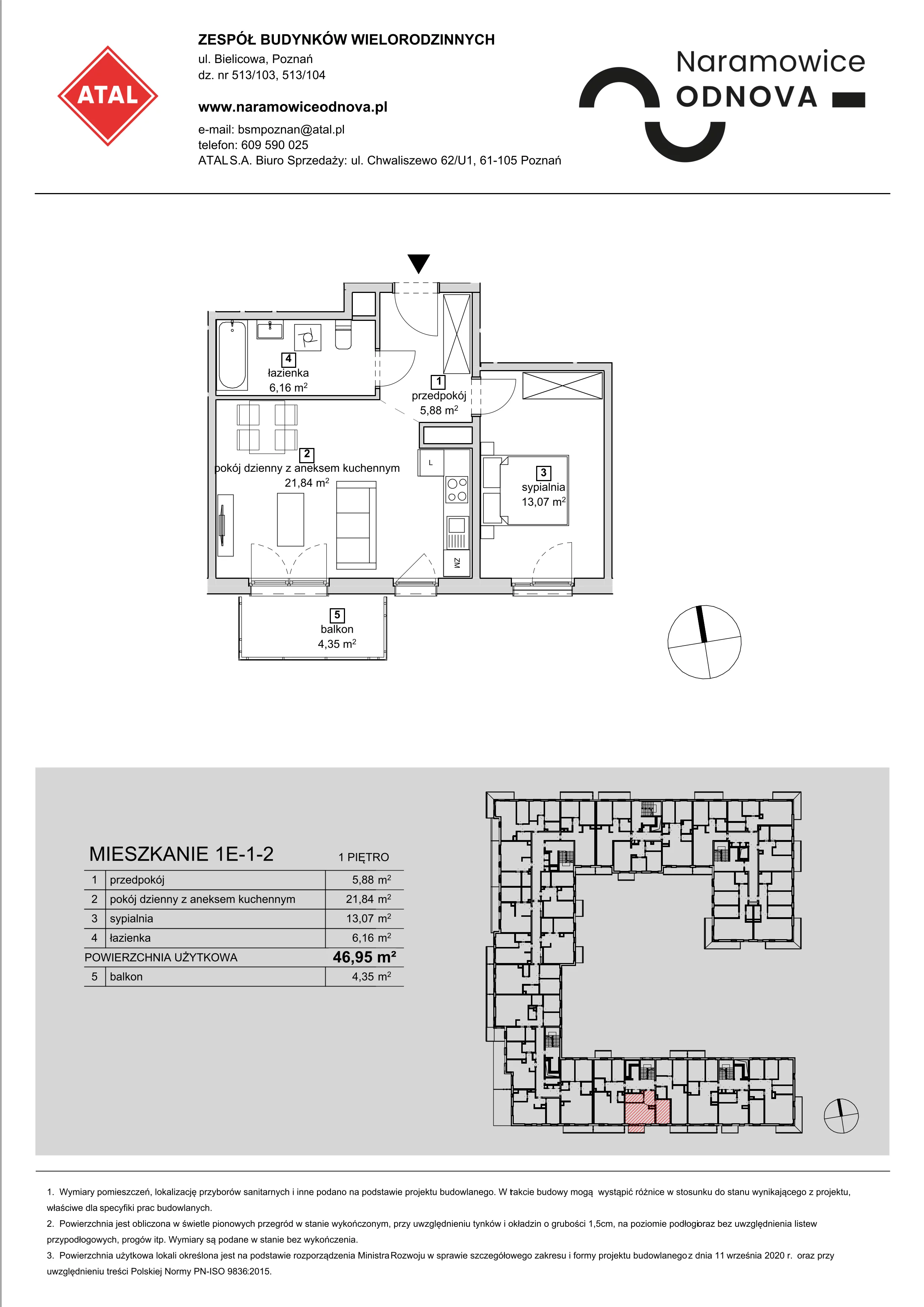 Mieszkanie 46,95 m², piętro 1, oferta nr 1E-1-2, Naramowice Odnova, Poznań, Naramowice, ul. Bielicowa