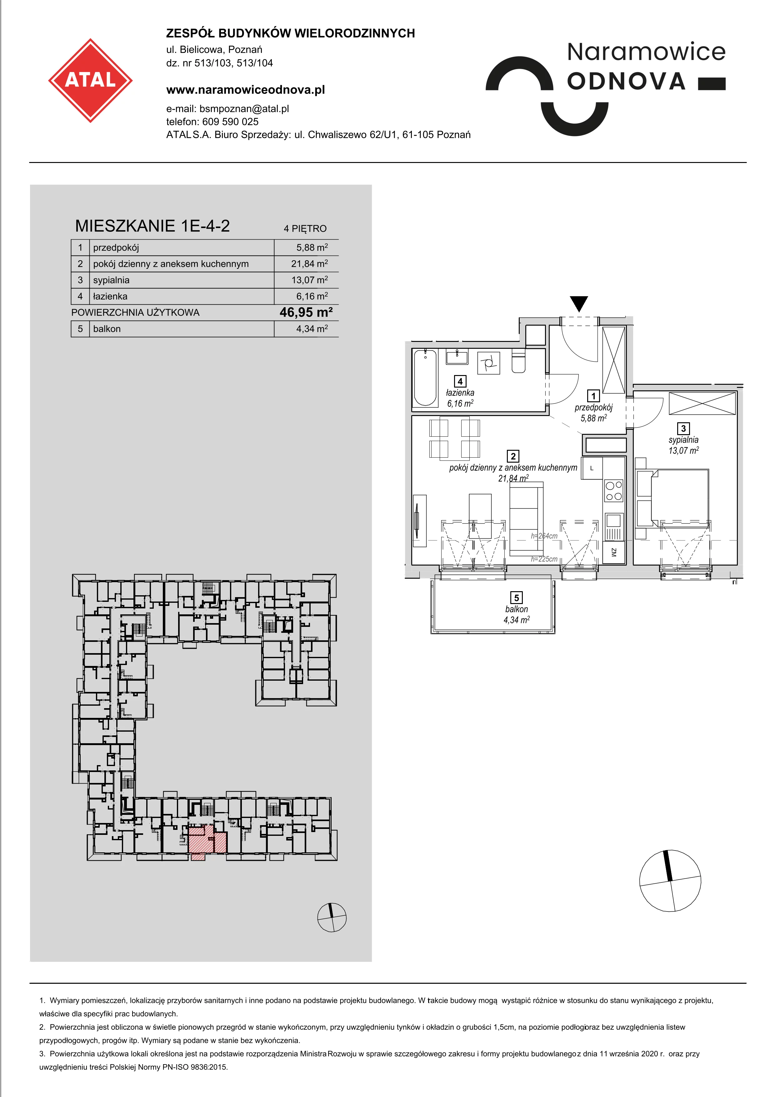 Mieszkanie 46,95 m², piętro 4, oferta nr 1E-4-2, Naramowice Odnova, Poznań, Naramowice, ul. Bielicowa