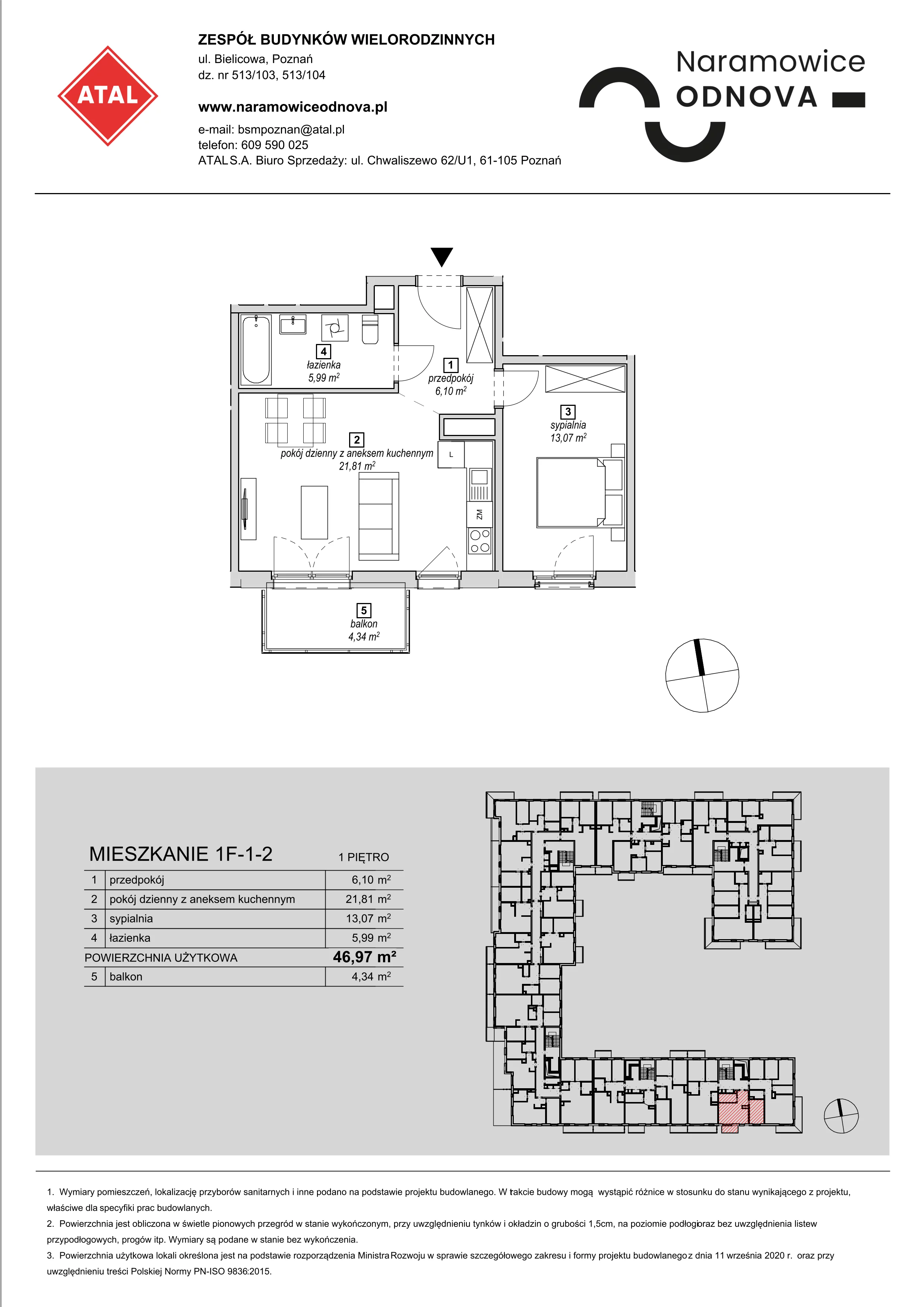 Mieszkanie 46,97 m², piętro 1, oferta nr 1F-1-2, Naramowice Odnova, Poznań, Naramowice, ul. Bielicowa