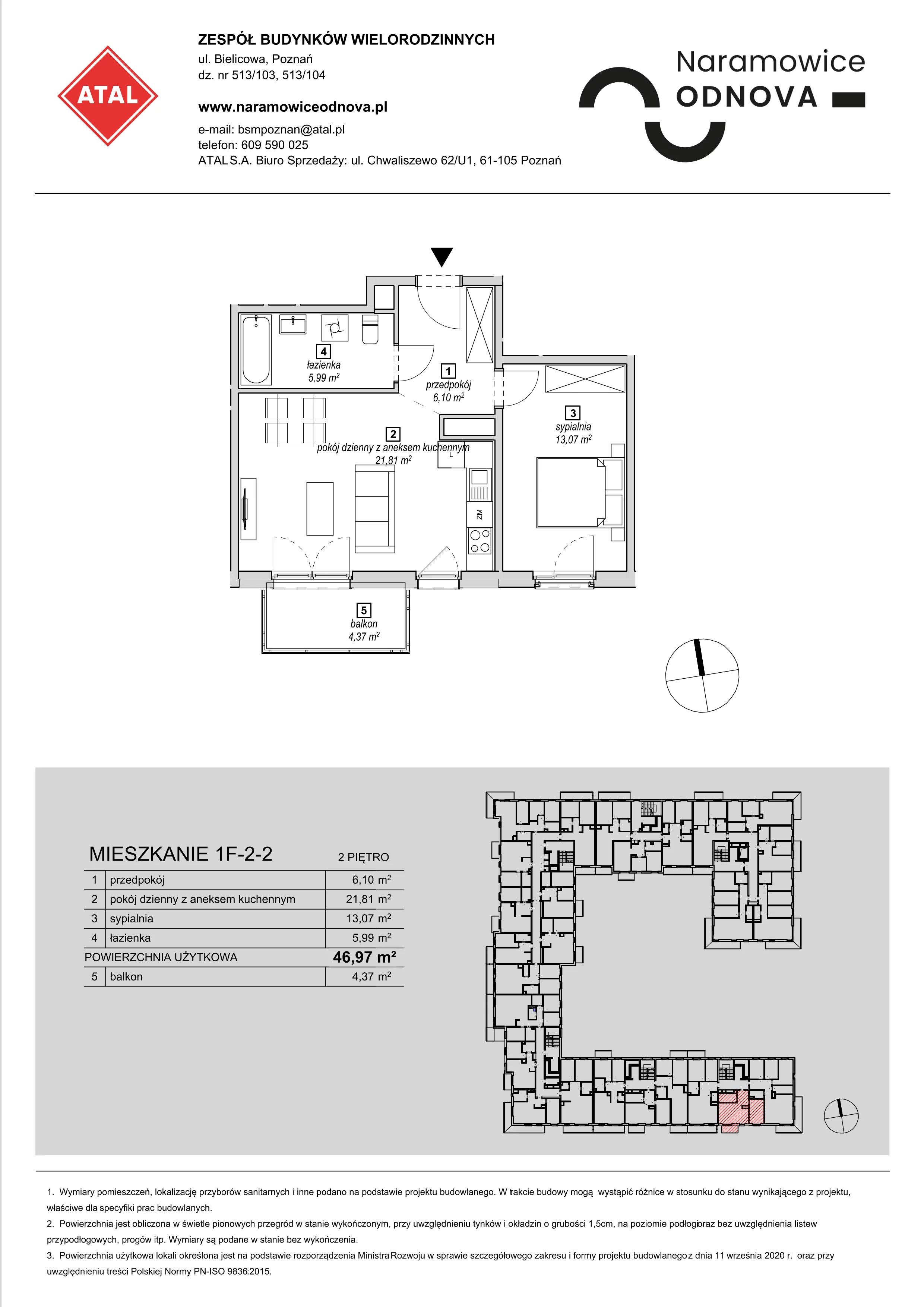 Mieszkanie 46,97 m², piętro 2, oferta nr 1F-2-2, Naramowice Odnova, Poznań, Naramowice, ul. Bielicowa