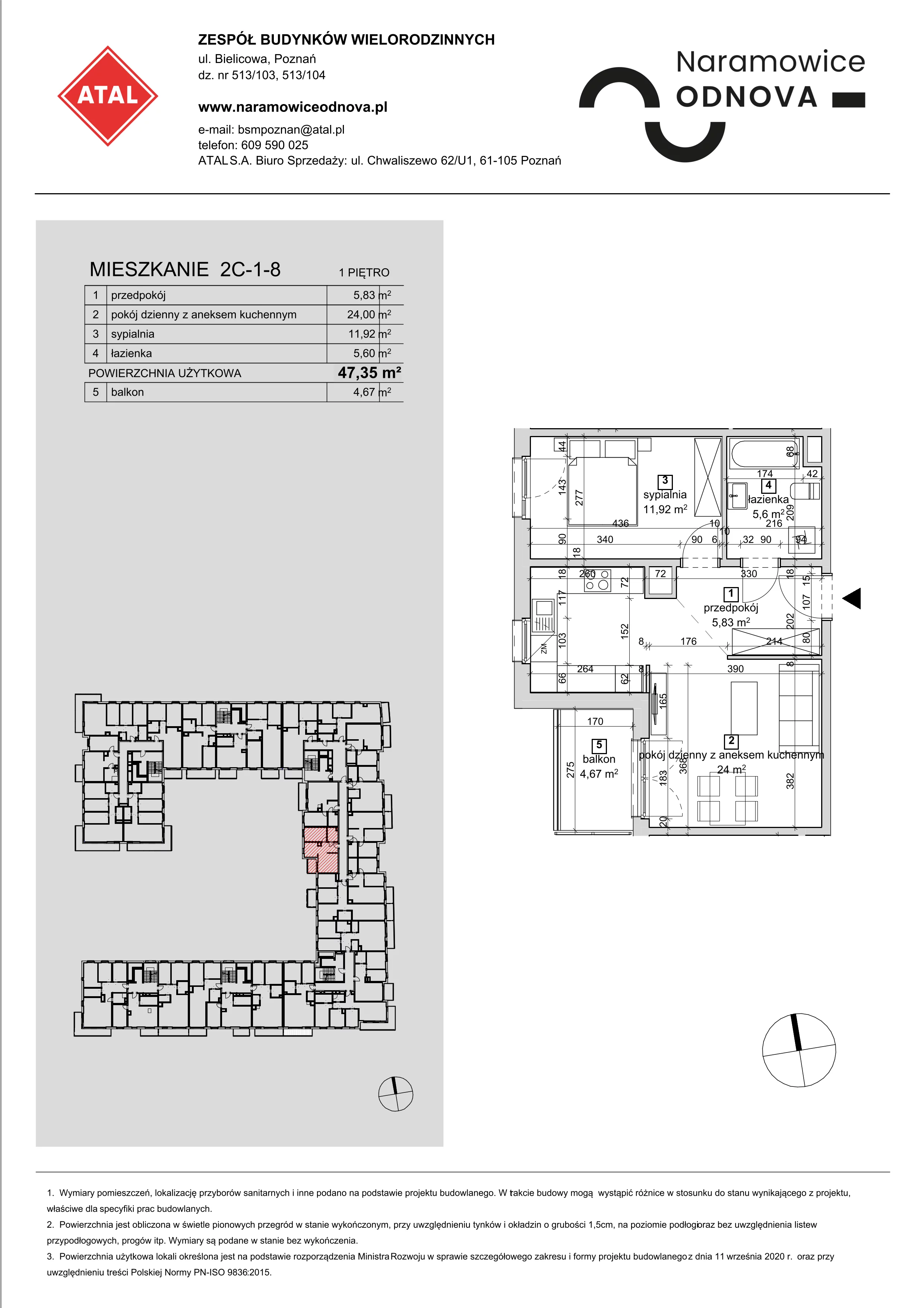 Mieszkanie 47,35 m², piętro 1, oferta nr 2C-1-8, Naramowice Odnova, Poznań, Naramowice, ul. Bielicowa