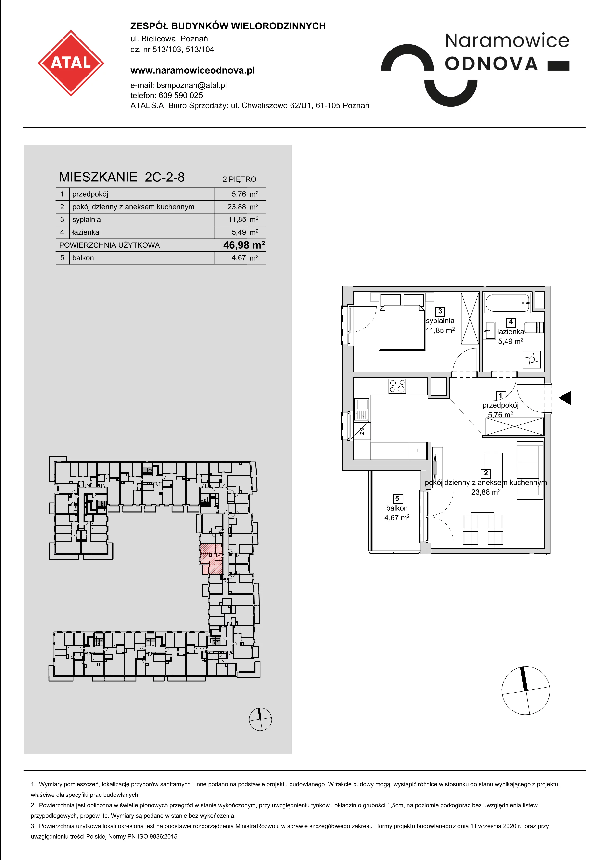 Mieszkanie 46,98 m², piętro 2, oferta nr 2C-2-8, Naramowice Odnova, Poznań, Naramowice, ul. Bielicowa