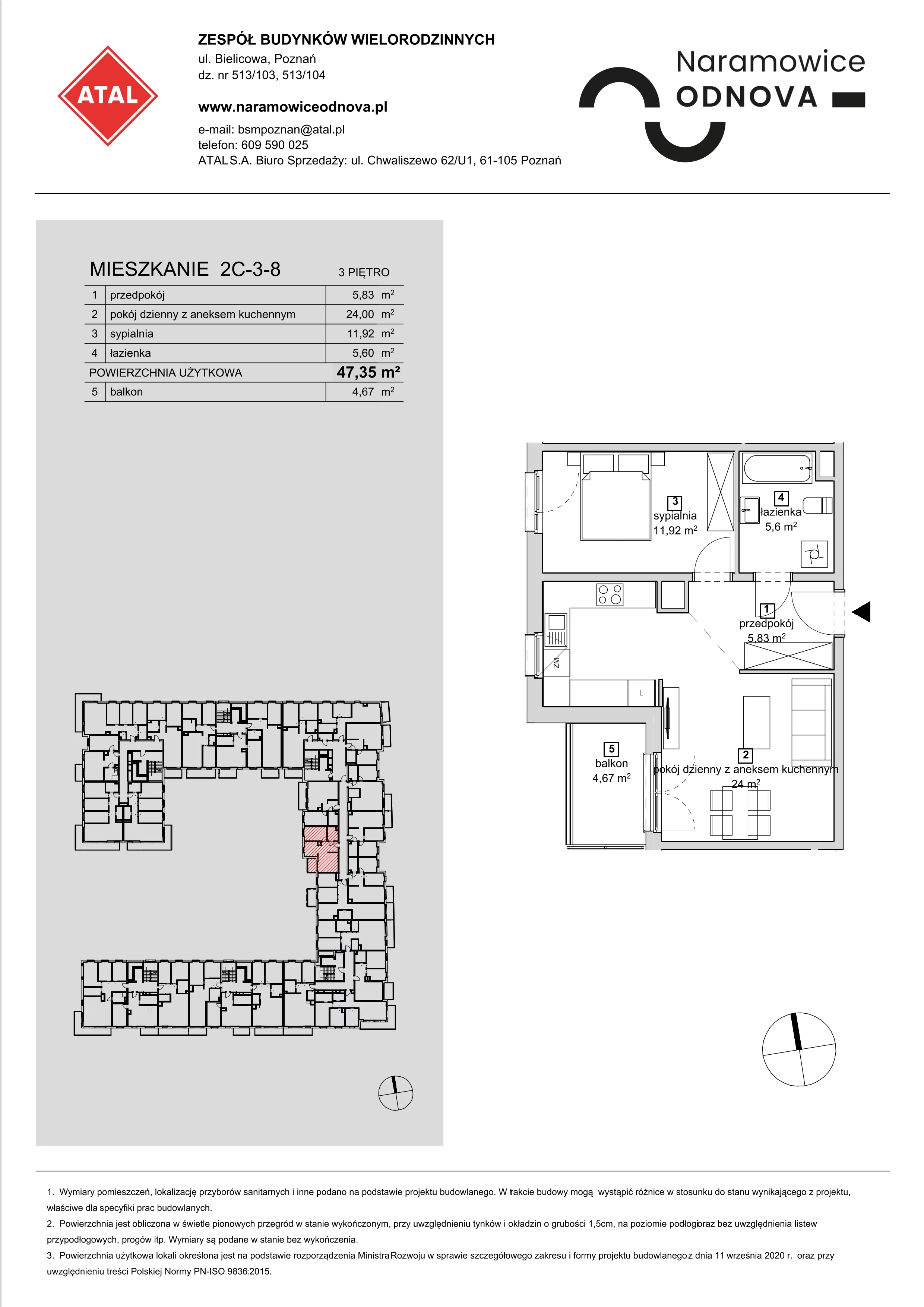 Mieszkanie 47,35 m², piętro 3, oferta nr 2C-3-8, Naramowice Odnova, Poznań, Naramowice, ul. Bielicowa