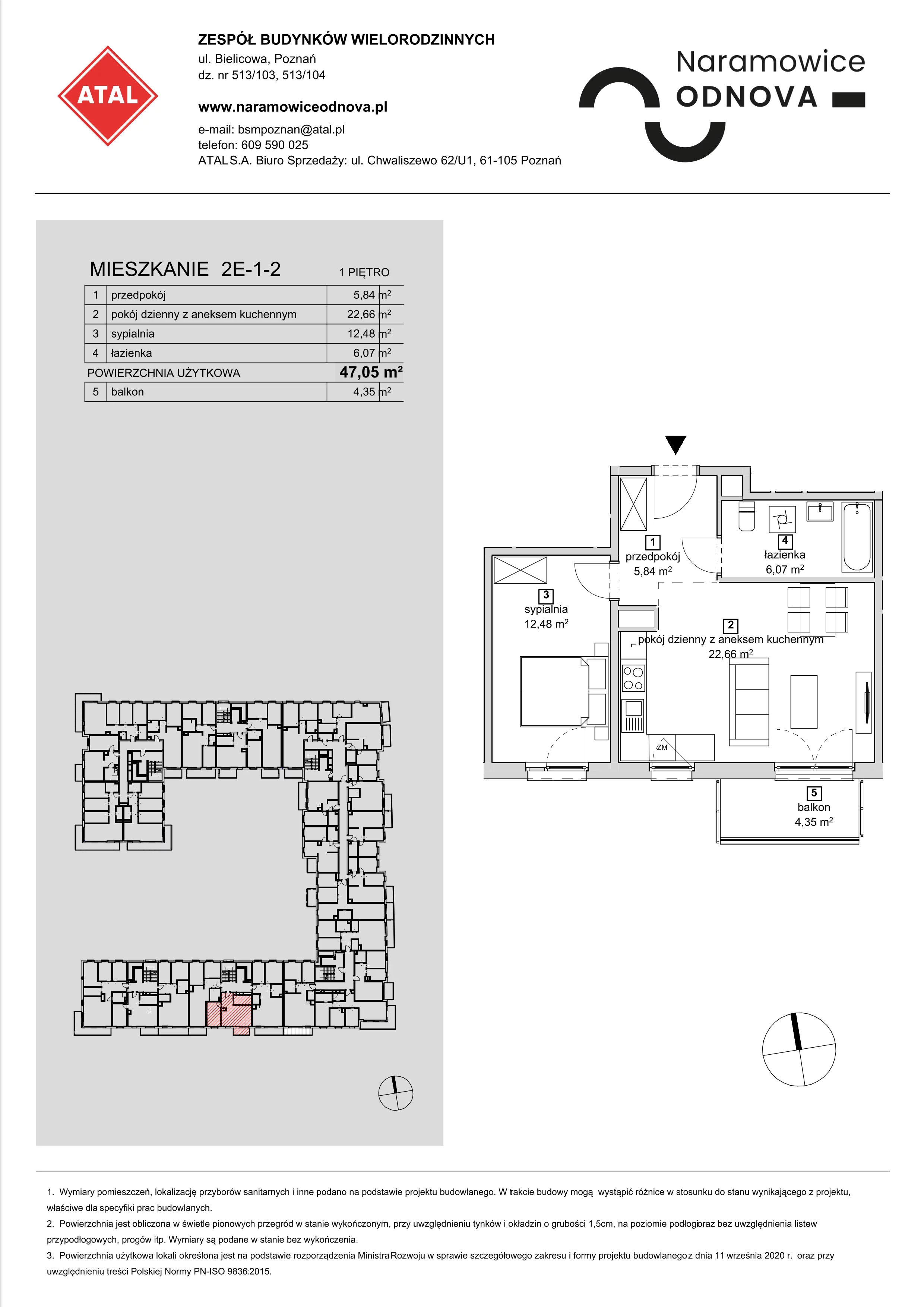 Mieszkanie 47,05 m², piętro 1, oferta nr 2E-1-2, Naramowice Odnova, Poznań, Naramowice, ul. Bielicowa