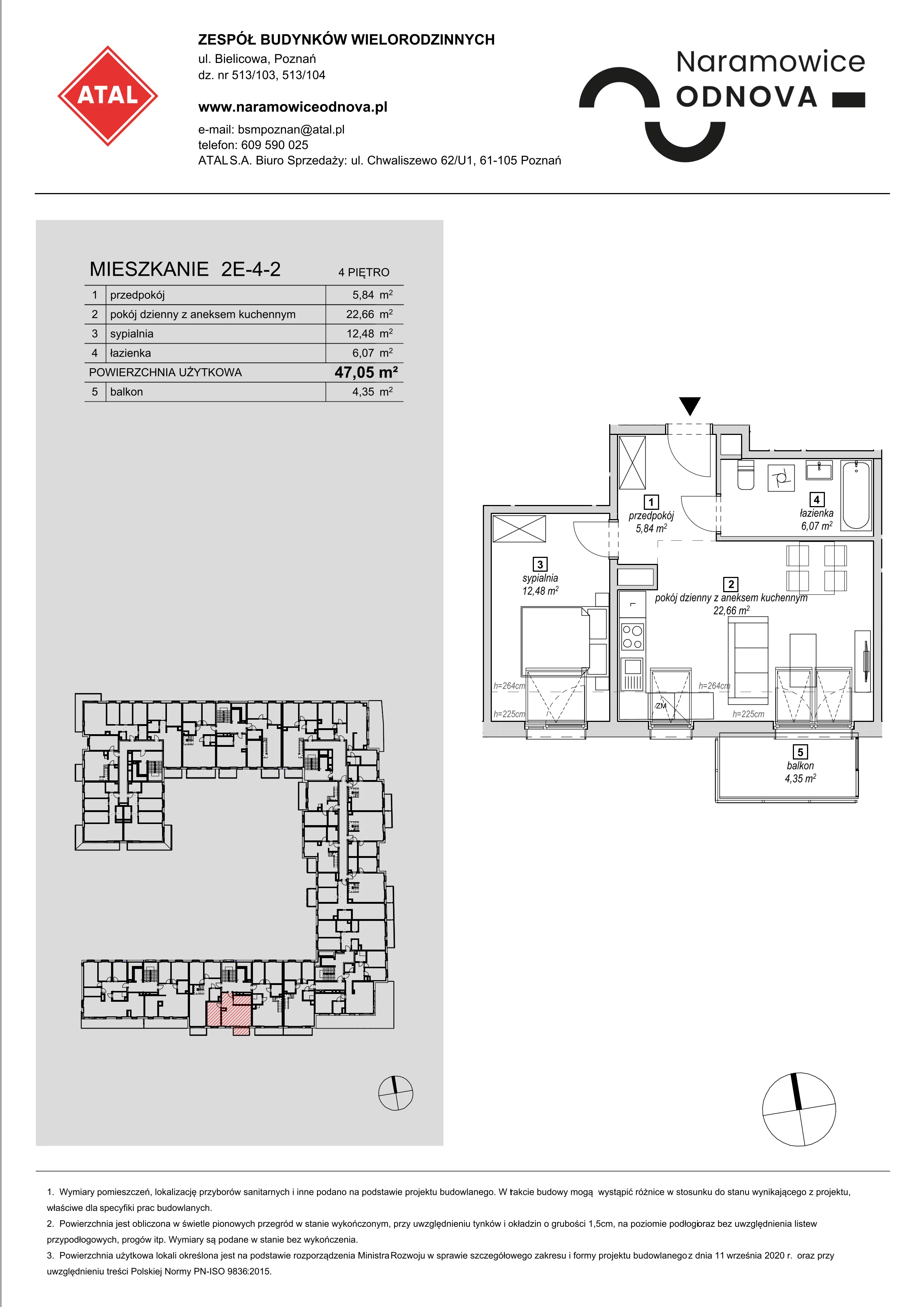 Mieszkanie 47,05 m², piętro 4, oferta nr 2E-4-2, Naramowice Odnova, Poznań, Naramowice, ul. Bielicowa