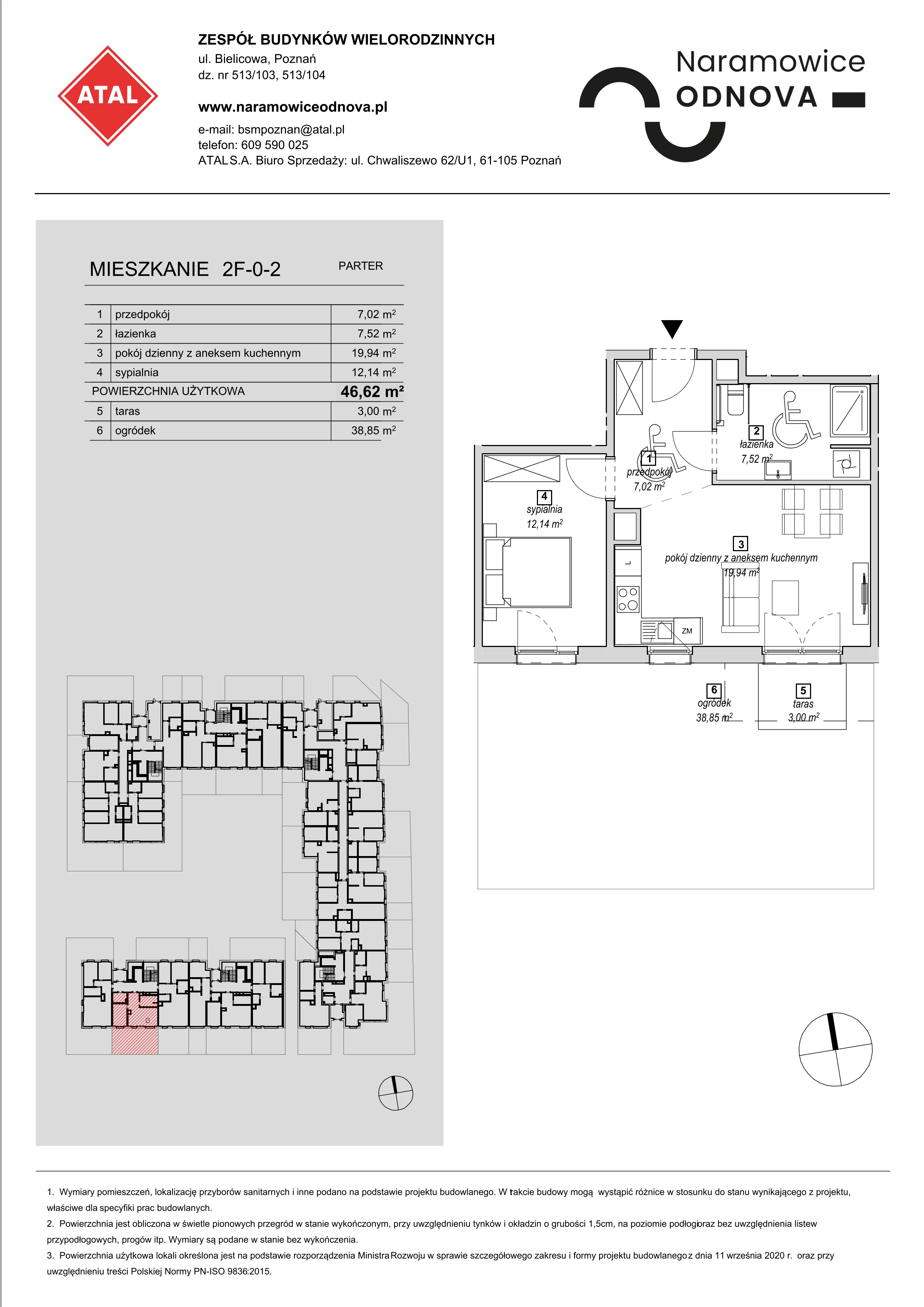 Mieszkanie 46,62 m², parter, oferta nr 2F-0-2, Naramowice Odnova, Poznań, Naramowice, ul. Bielicowa