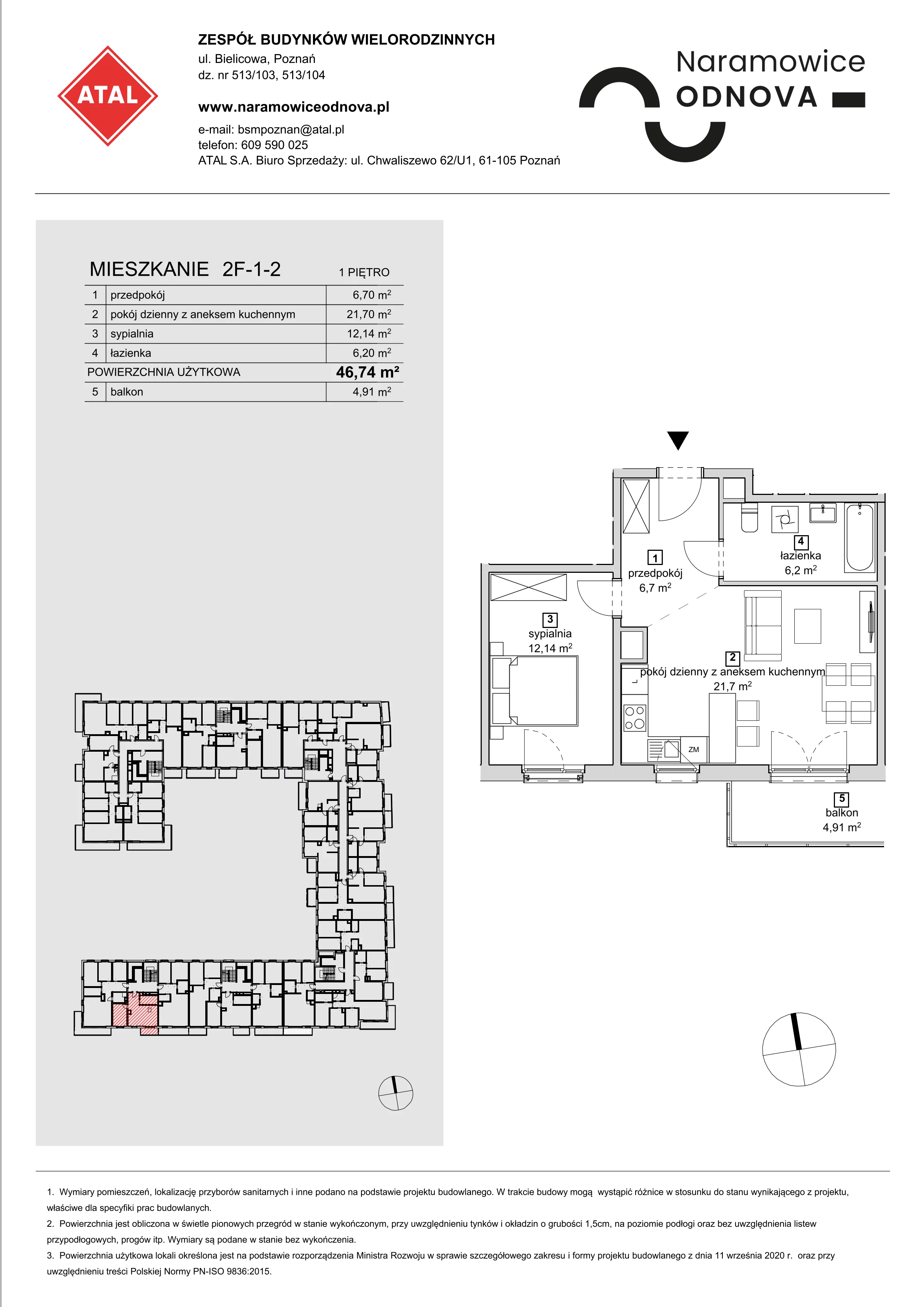 Mieszkanie 46,74 m², piętro 1, oferta nr 2F-1-2, Naramowice Odnova, Poznań, Naramowice, ul. Bielicowa