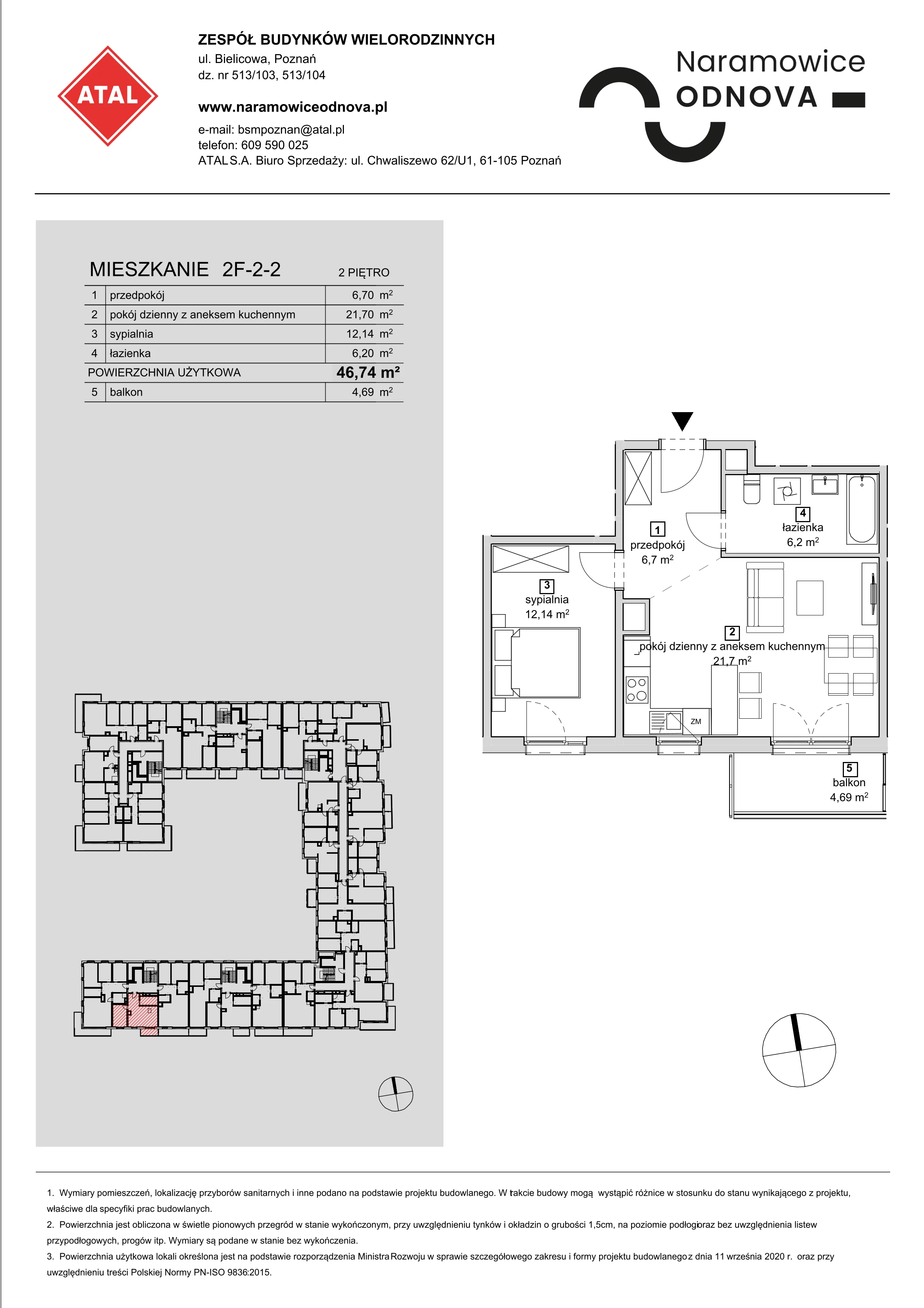 Mieszkanie 46,74 m², piętro 2, oferta nr 2F-2-2, Naramowice Odnova, Poznań, Naramowice, ul. Bielicowa