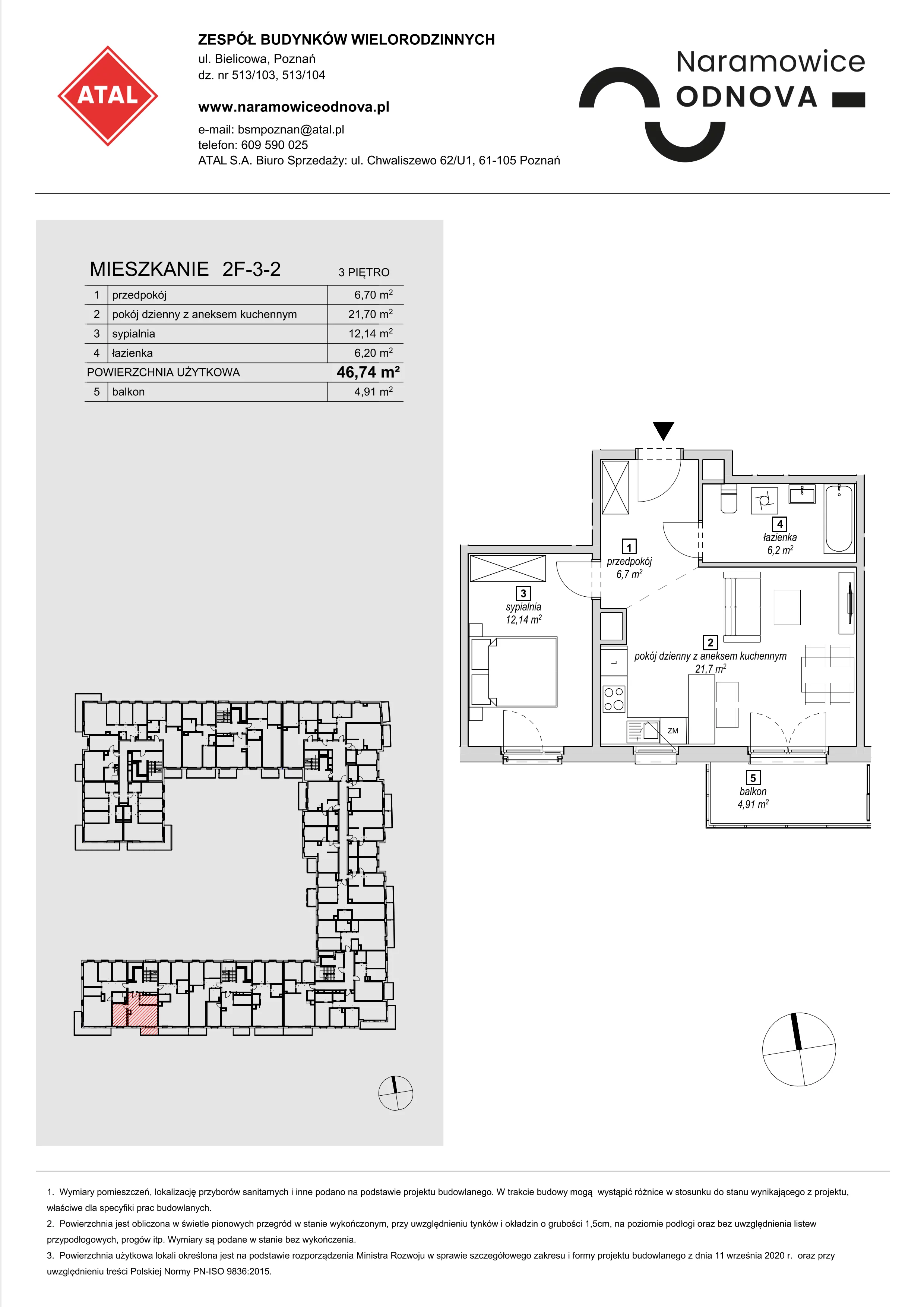 Mieszkanie 46,74 m², piętro 3, oferta nr 2F-3-2, Naramowice Odnova, Poznań, Naramowice, ul. Bielicowa