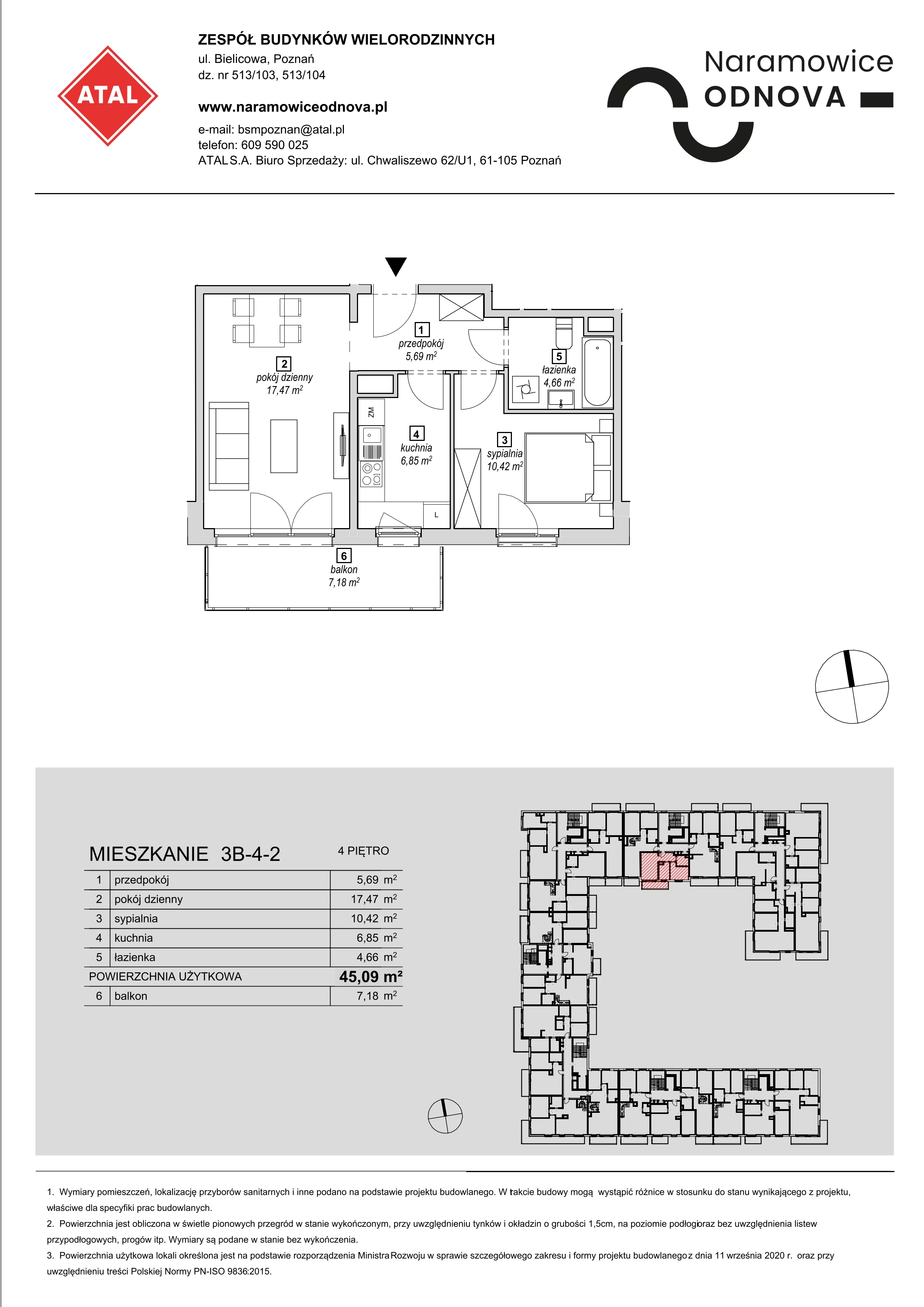 Mieszkanie 45,09 m², piętro 4, oferta nr 3B-4-2, Naramowice Odnova, Poznań, Naramowice, ul. Bielicowa