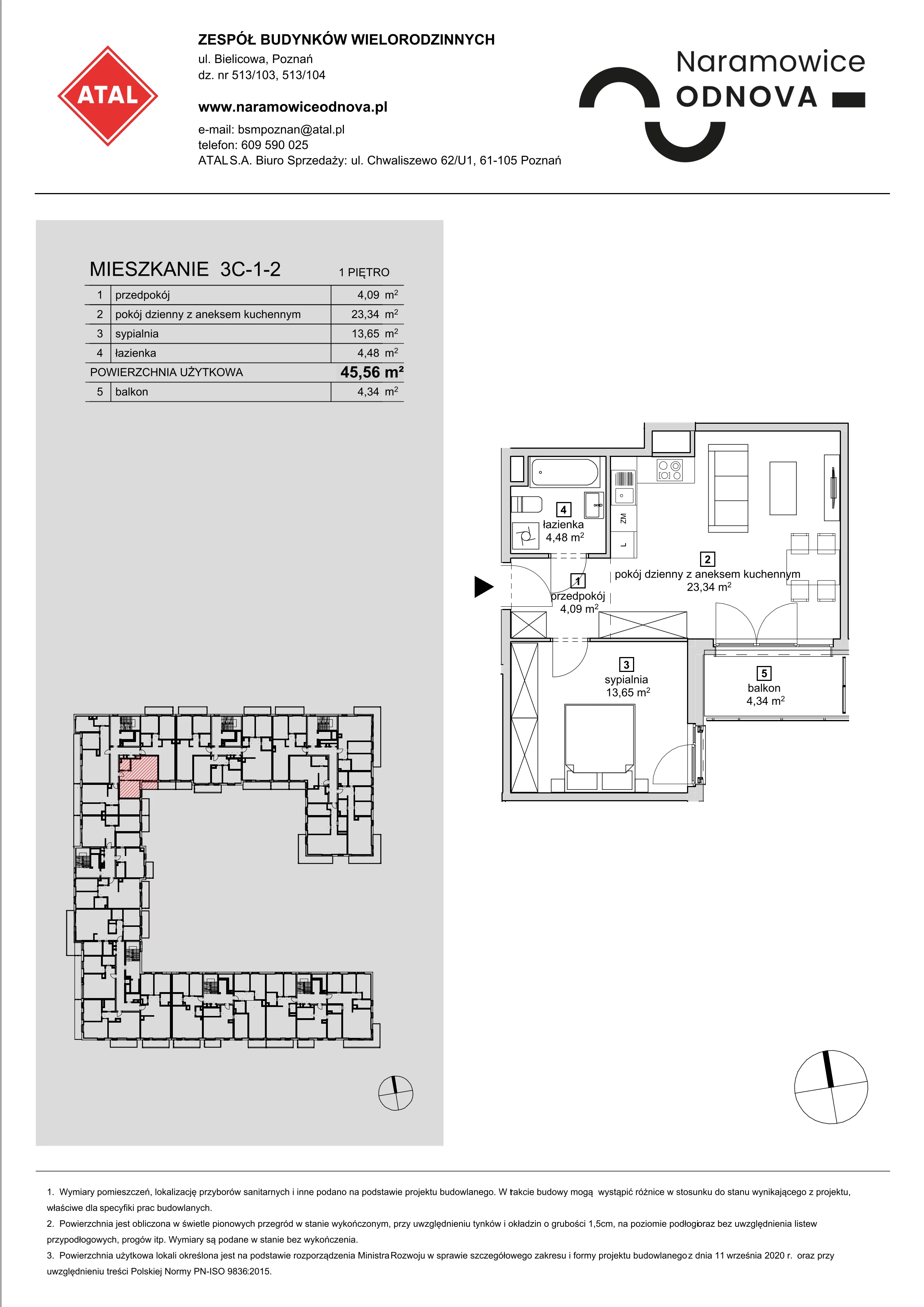 Mieszkanie 45,56 m², piętro 1, oferta nr 3C-1-2, Naramowice Odnova, Poznań, Naramowice, ul. Bielicowa