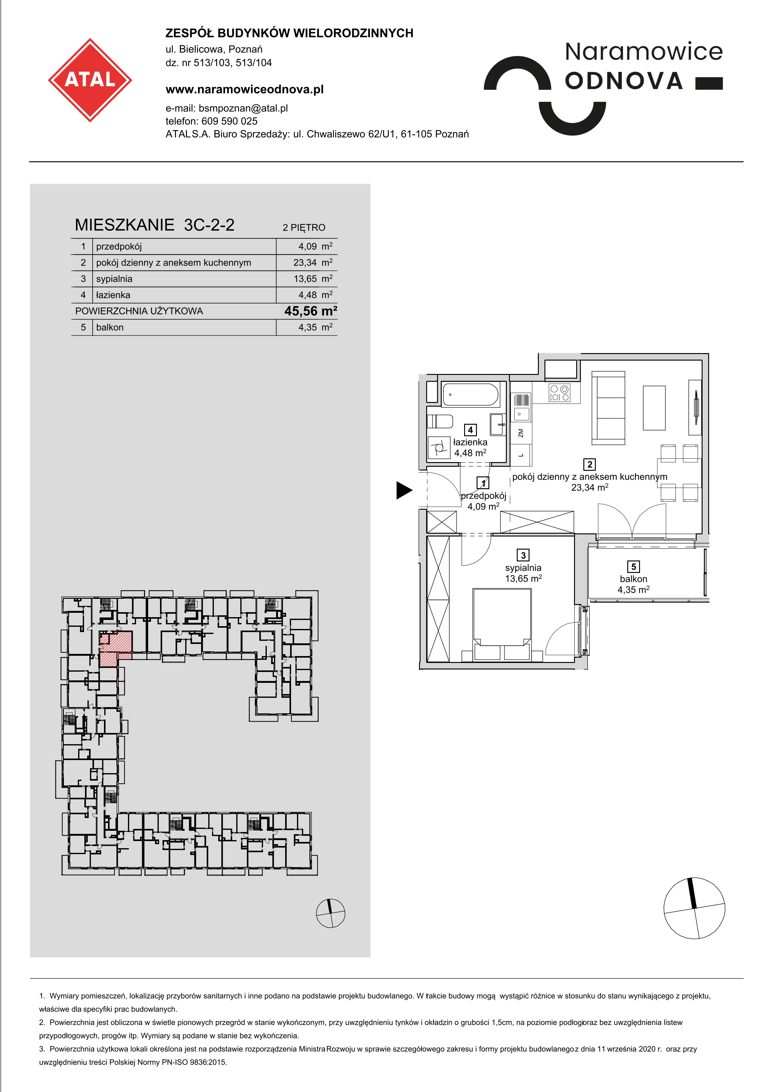 Mieszkanie 45,56 m², piętro 2, oferta nr 3C-2-2, Naramowice Odnova, Poznań, Naramowice, ul. Bielicowa