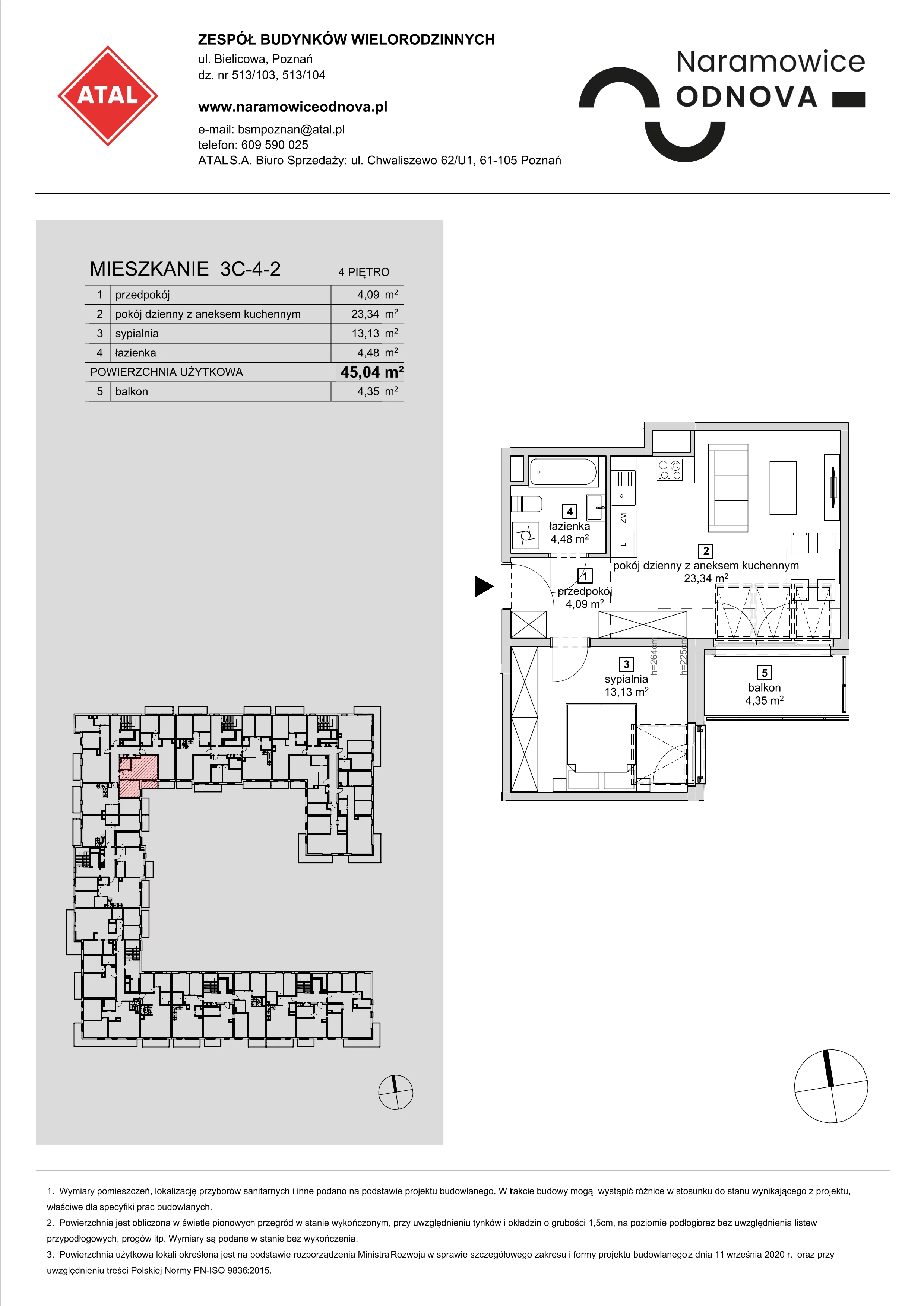 Mieszkanie 45,04 m², piętro 4, oferta nr 3C-4-2, Naramowice Odnova, Poznań, Naramowice, ul. Bielicowa