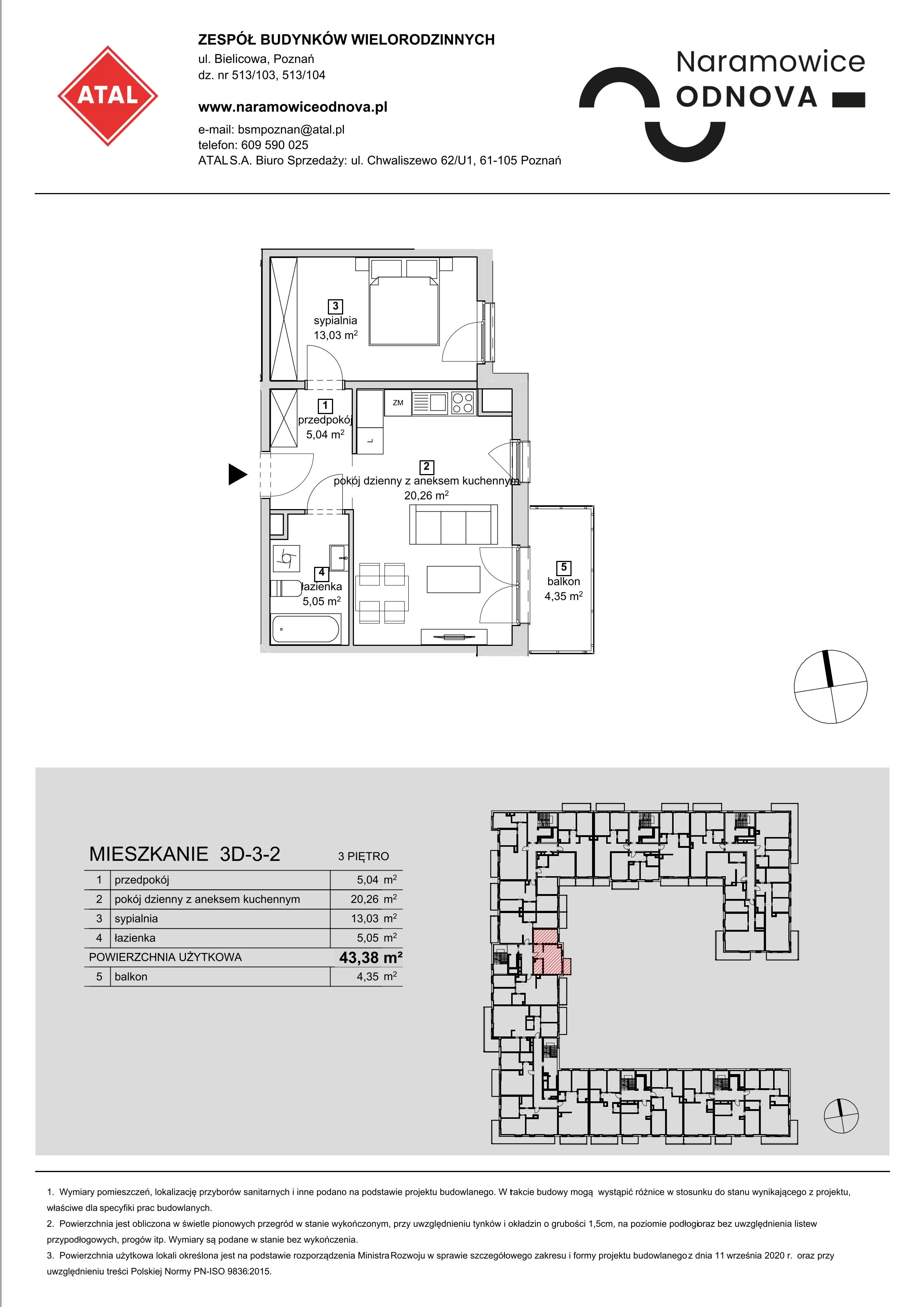 Mieszkanie 43,38 m², piętro 3, oferta nr 3D-3-2, Naramowice Odnova, Poznań, Naramowice, ul. Bielicowa