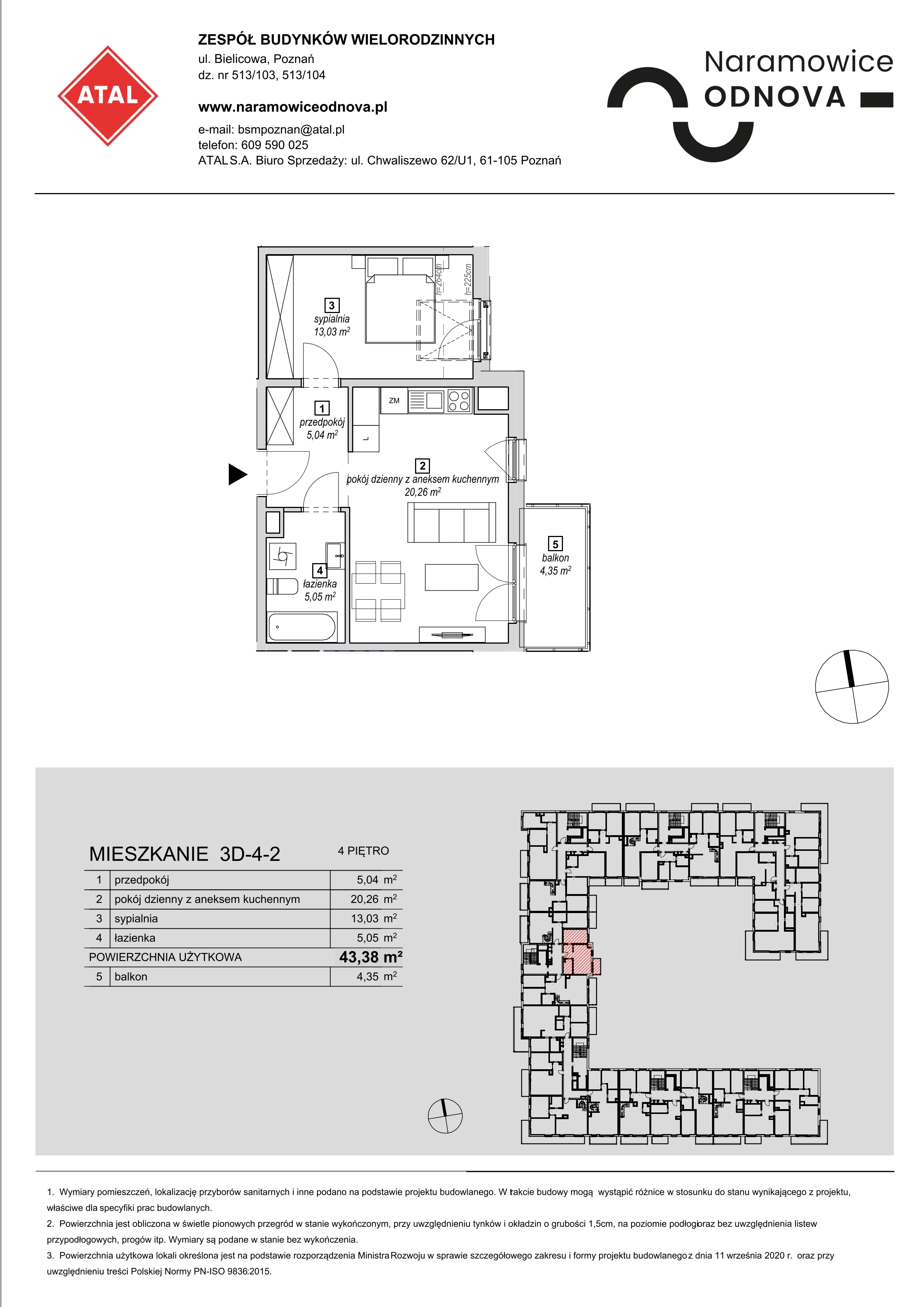 Mieszkanie 43,38 m², piętro 4, oferta nr 3D-4-2, Naramowice Odnova, Poznań, Naramowice, ul. Bielicowa