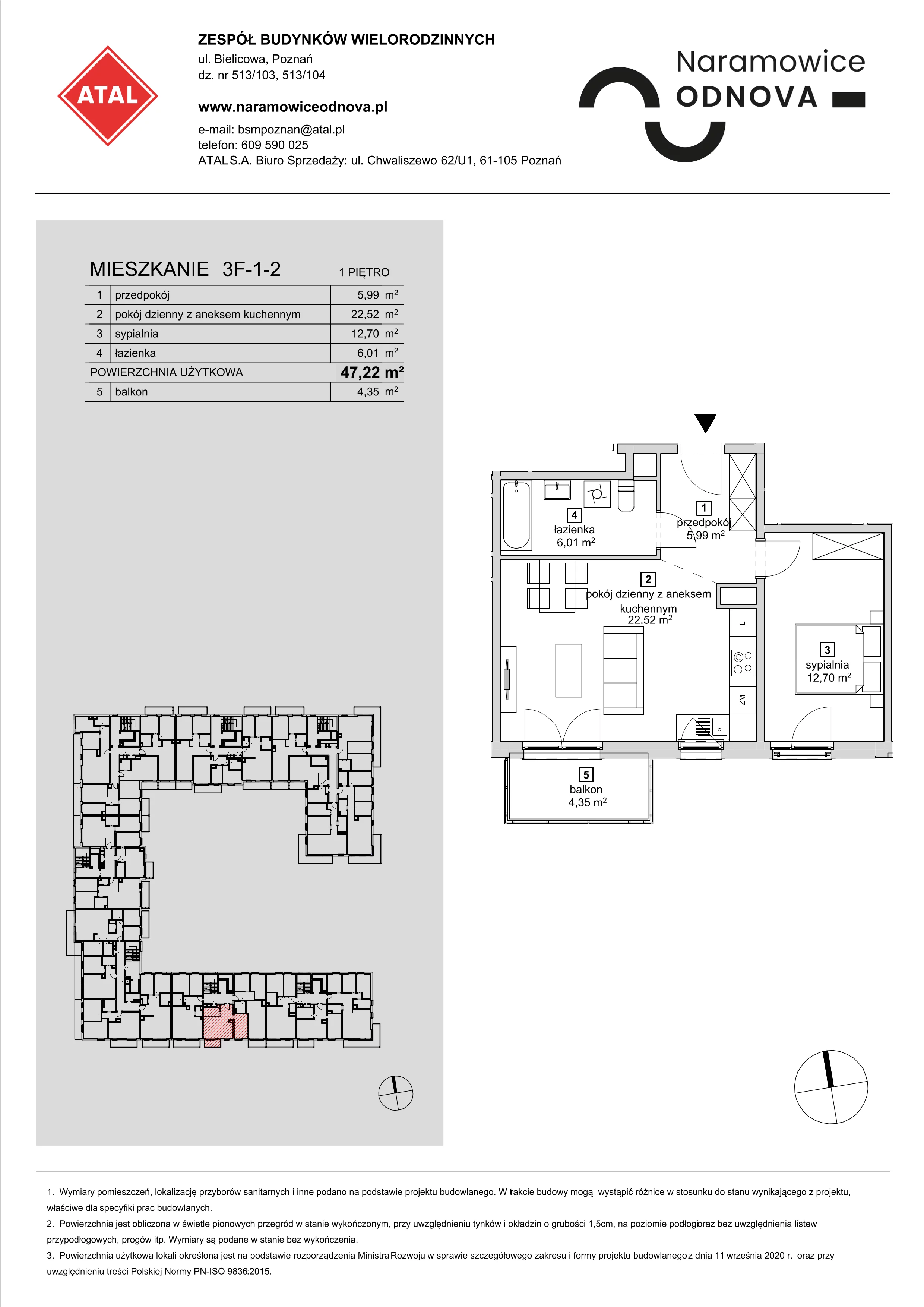 Mieszkanie 47,22 m², piętro 1, oferta nr 3F-1-2, Naramowice Odnova, Poznań, Naramowice, ul. Bielicowa