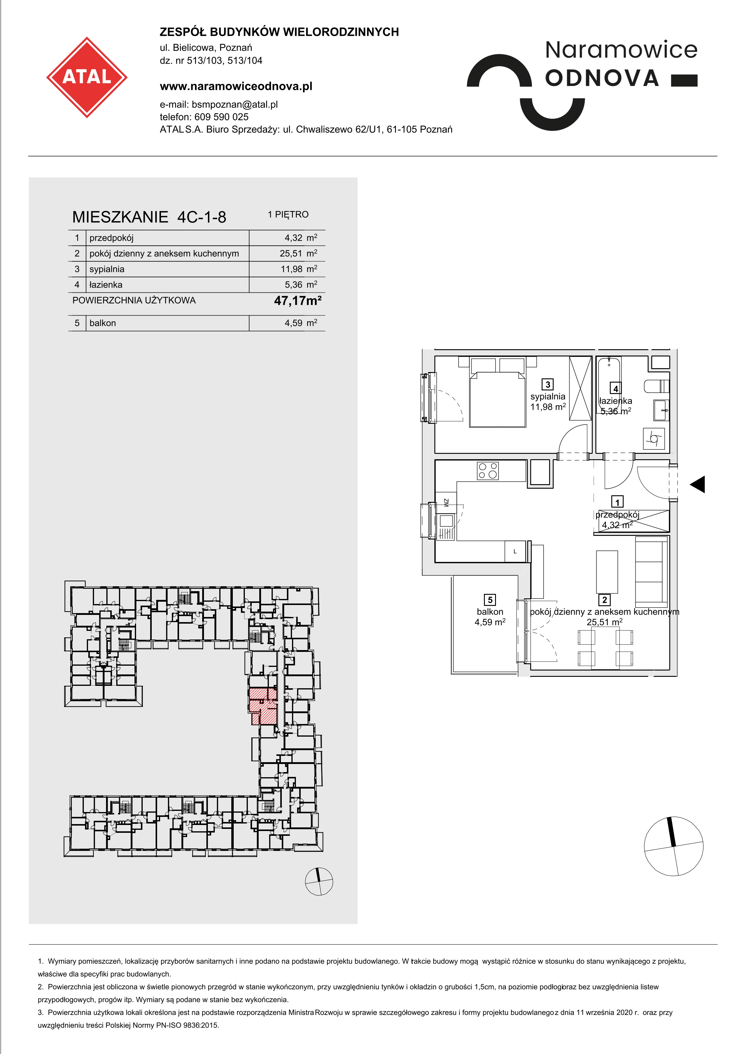 Mieszkanie 47,17 m², piętro 1, oferta nr 4C-1-8, Naramowice Odnova, Poznań, Naramowice, ul. Bielicowa