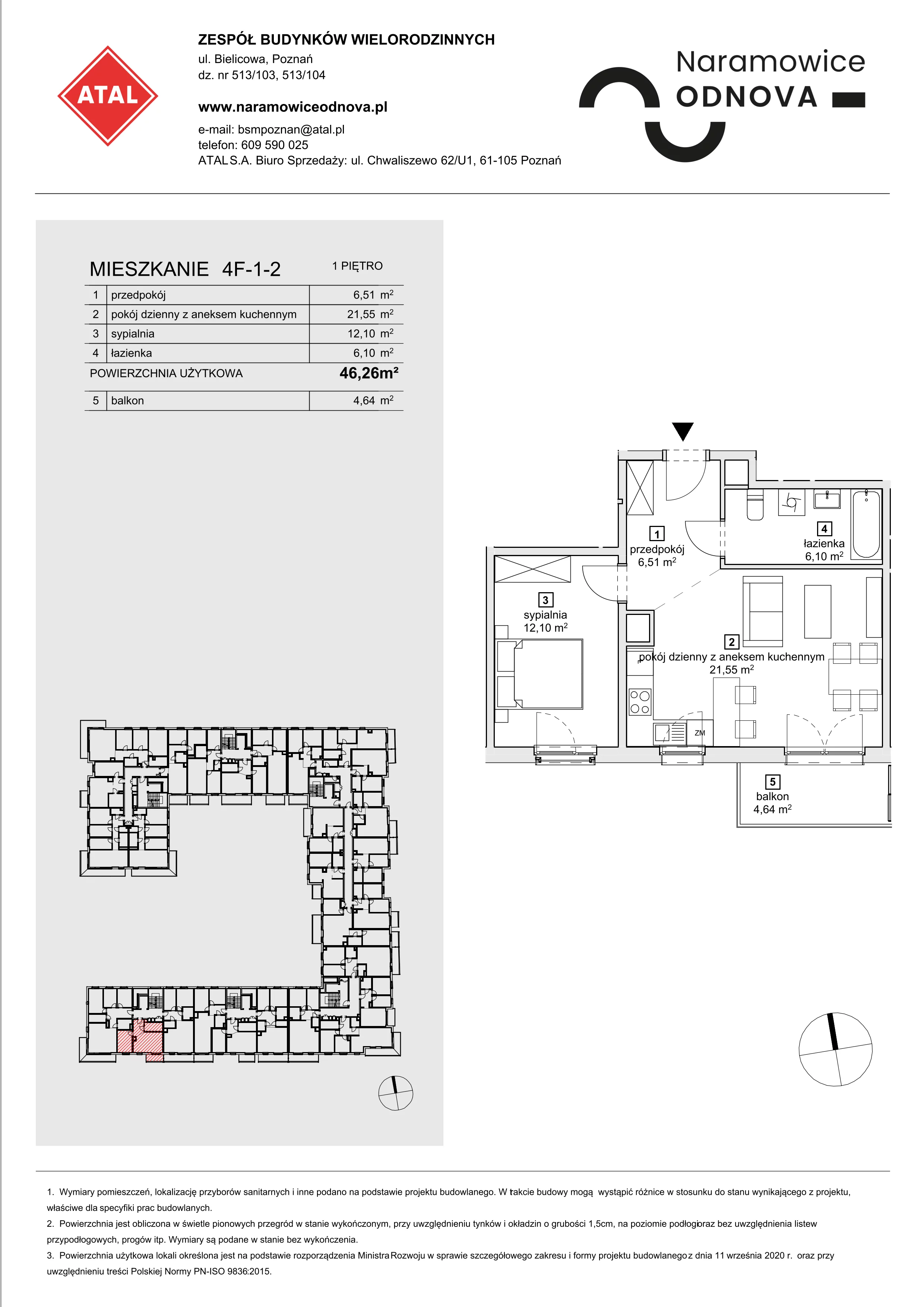 Mieszkanie 46,26 m², piętro 1, oferta nr 4F-1-2, Naramowice Odnova, Poznań, Naramowice, ul. Bielicowa