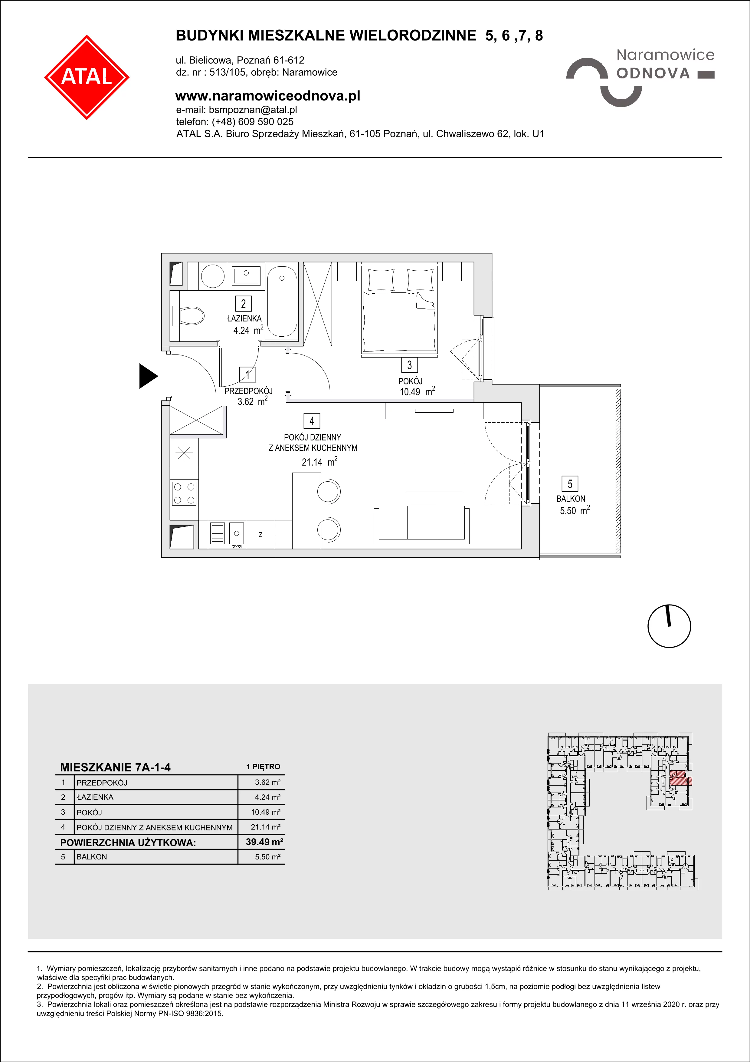 Mieszkanie 39,49 m², piętro 1, oferta nr 7A-1-4, Naramowice Odnova II, Poznań, Naramowice, ul. Bielicowa