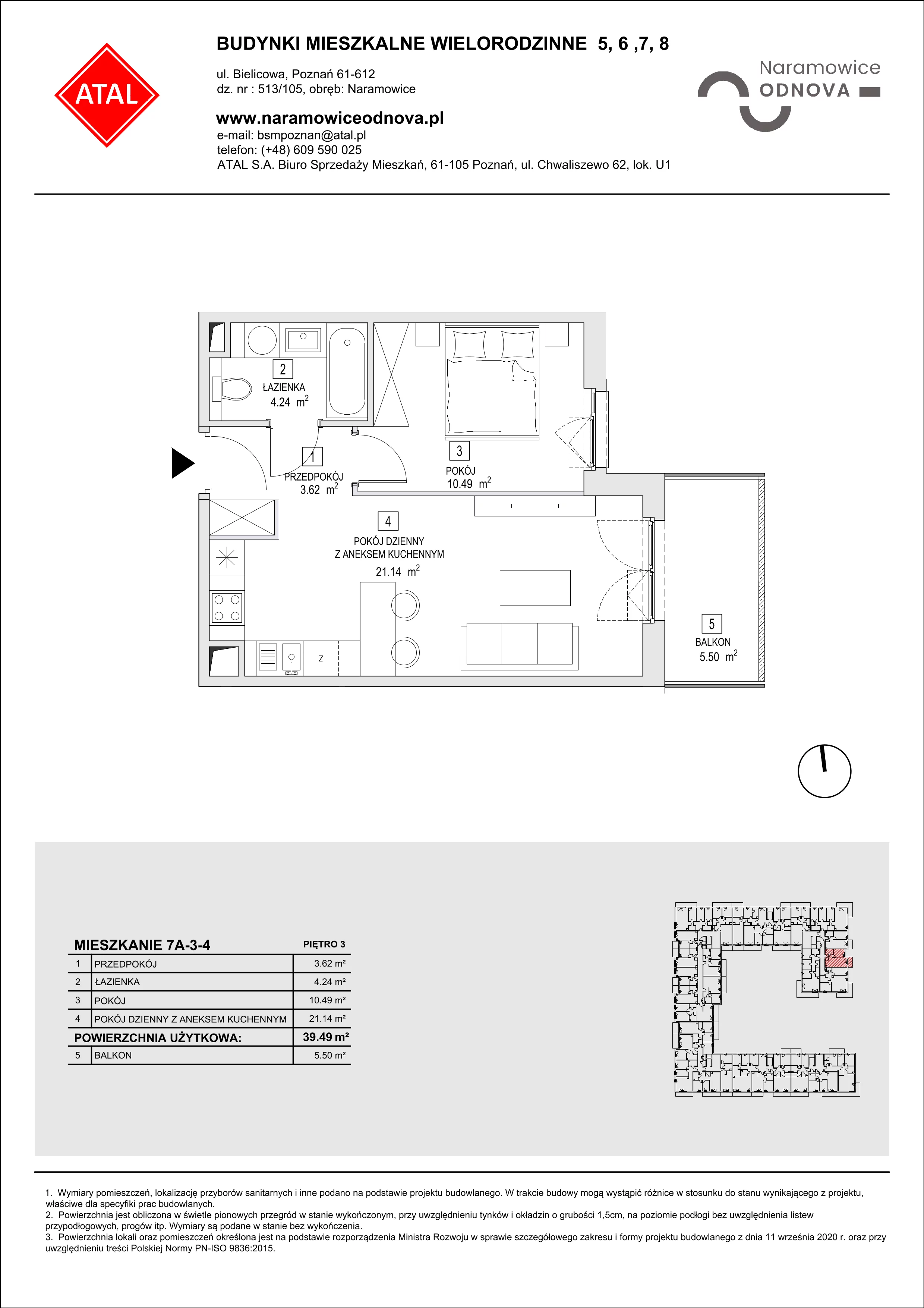 Mieszkanie 39,49 m², piętro 3, oferta nr 7A-3-4, Naramowice Odnova II, Poznań, Naramowice, ul. Bielicowa