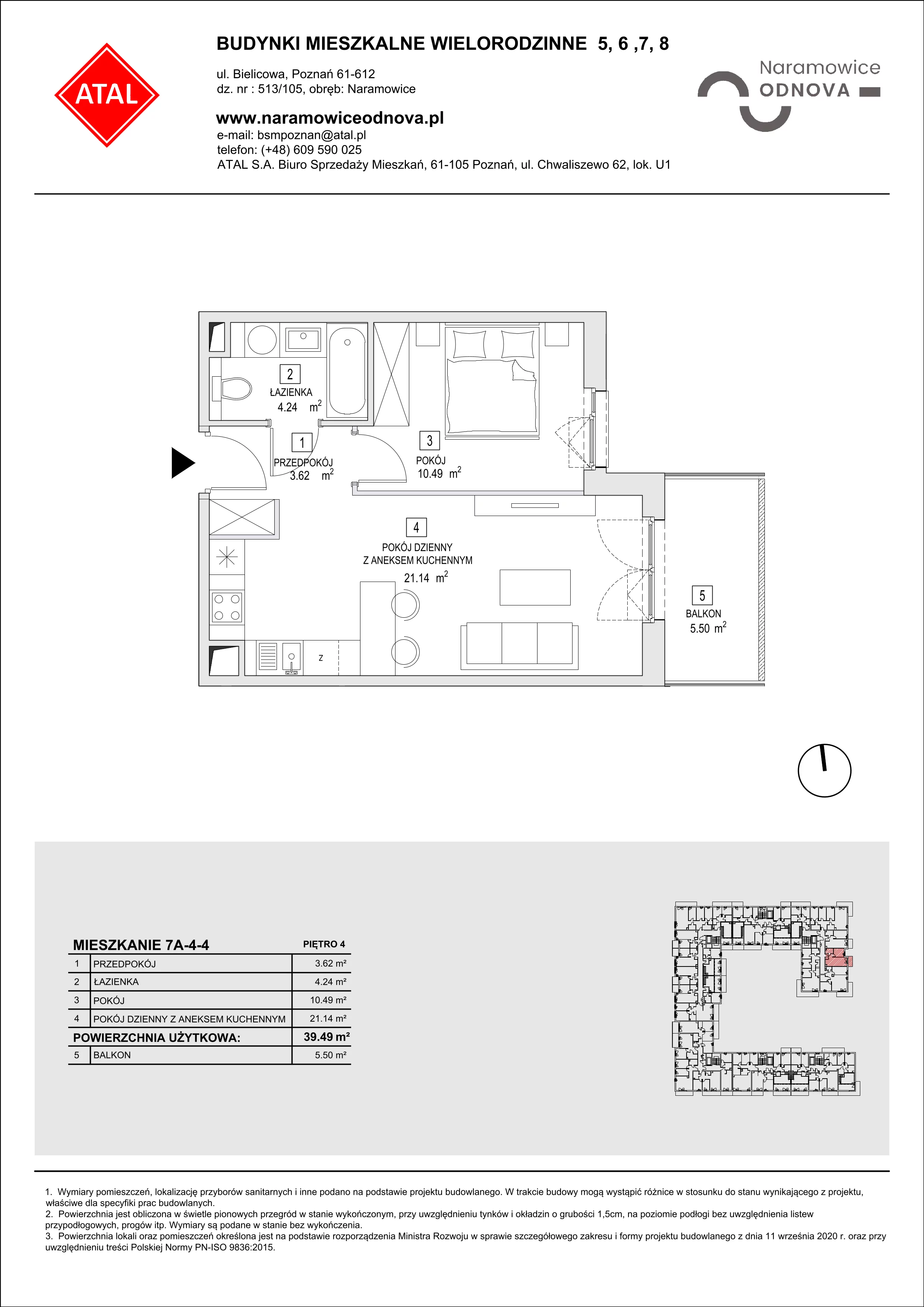 Mieszkanie 39,49 m², piętro 4, oferta nr 7A-4-4, Naramowice Odnova II, Poznań, Naramowice, ul. Bielicowa