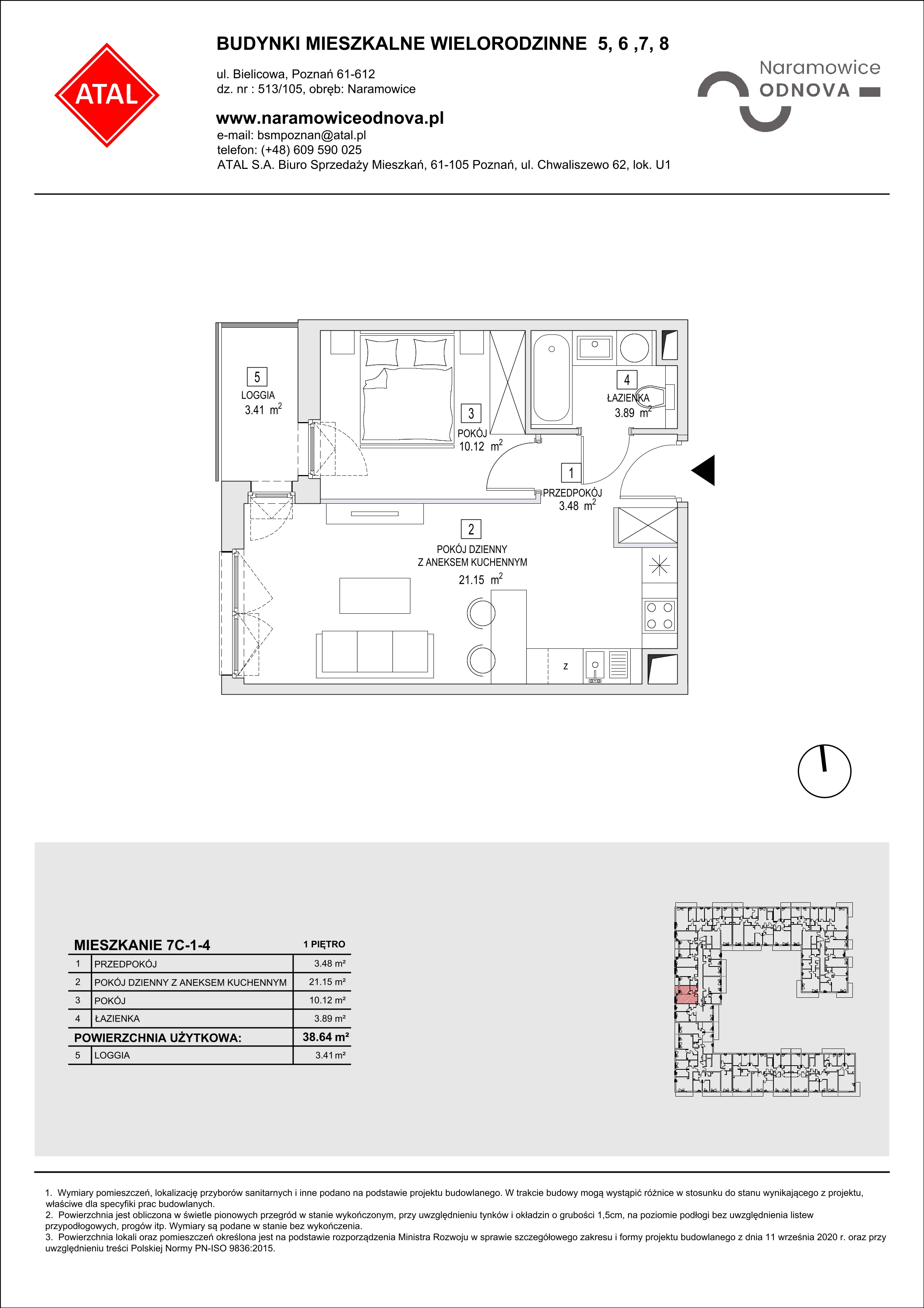 Mieszkanie 38,64 m², piętro 1, oferta nr 7C-1-4, Naramowice Odnova II, Poznań, Naramowice, ul. Bielicowa