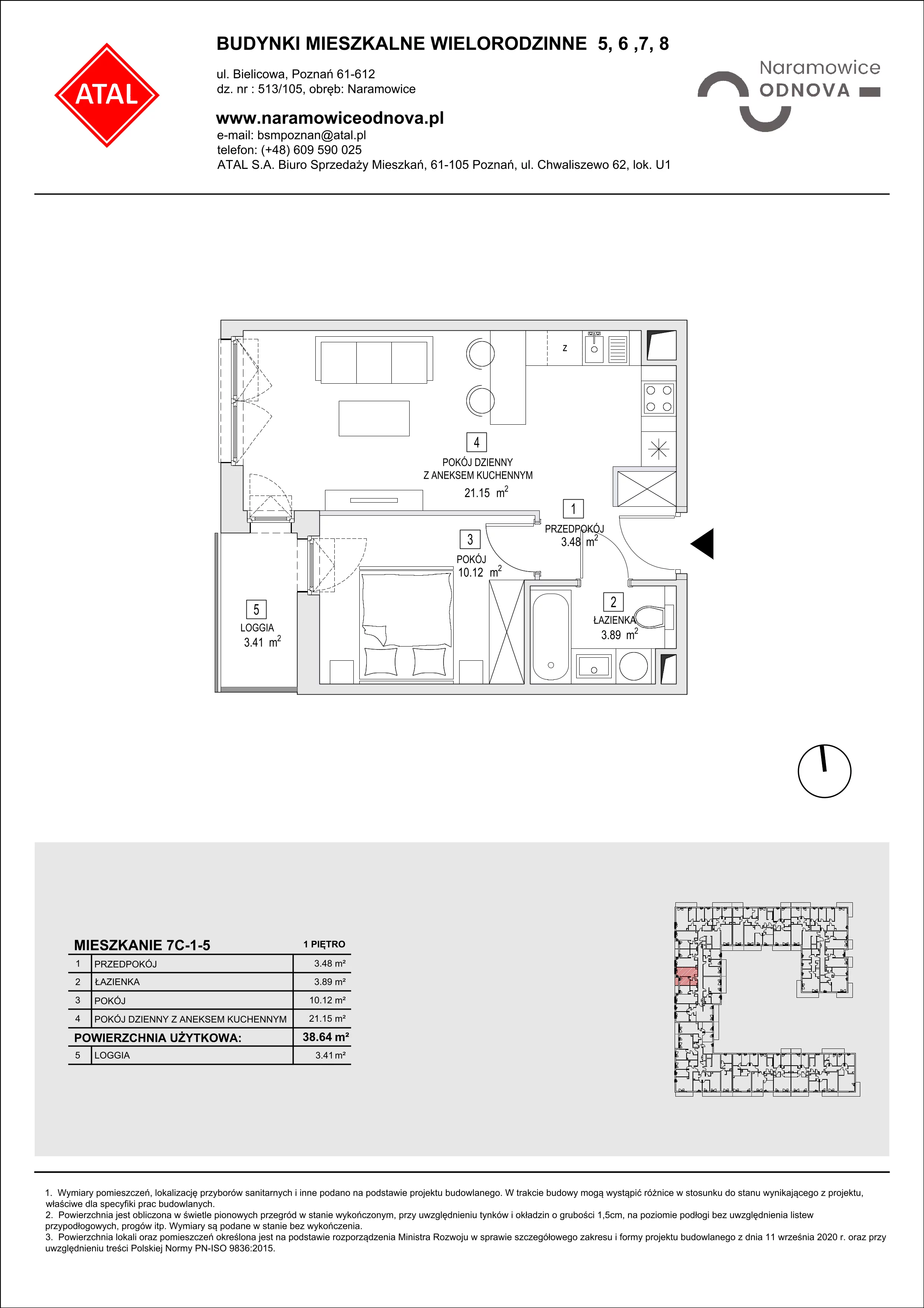 Mieszkanie 38,64 m², piętro 1, oferta nr 7C-1-5, Naramowice Odnova II, Poznań, Naramowice, ul. Bielicowa