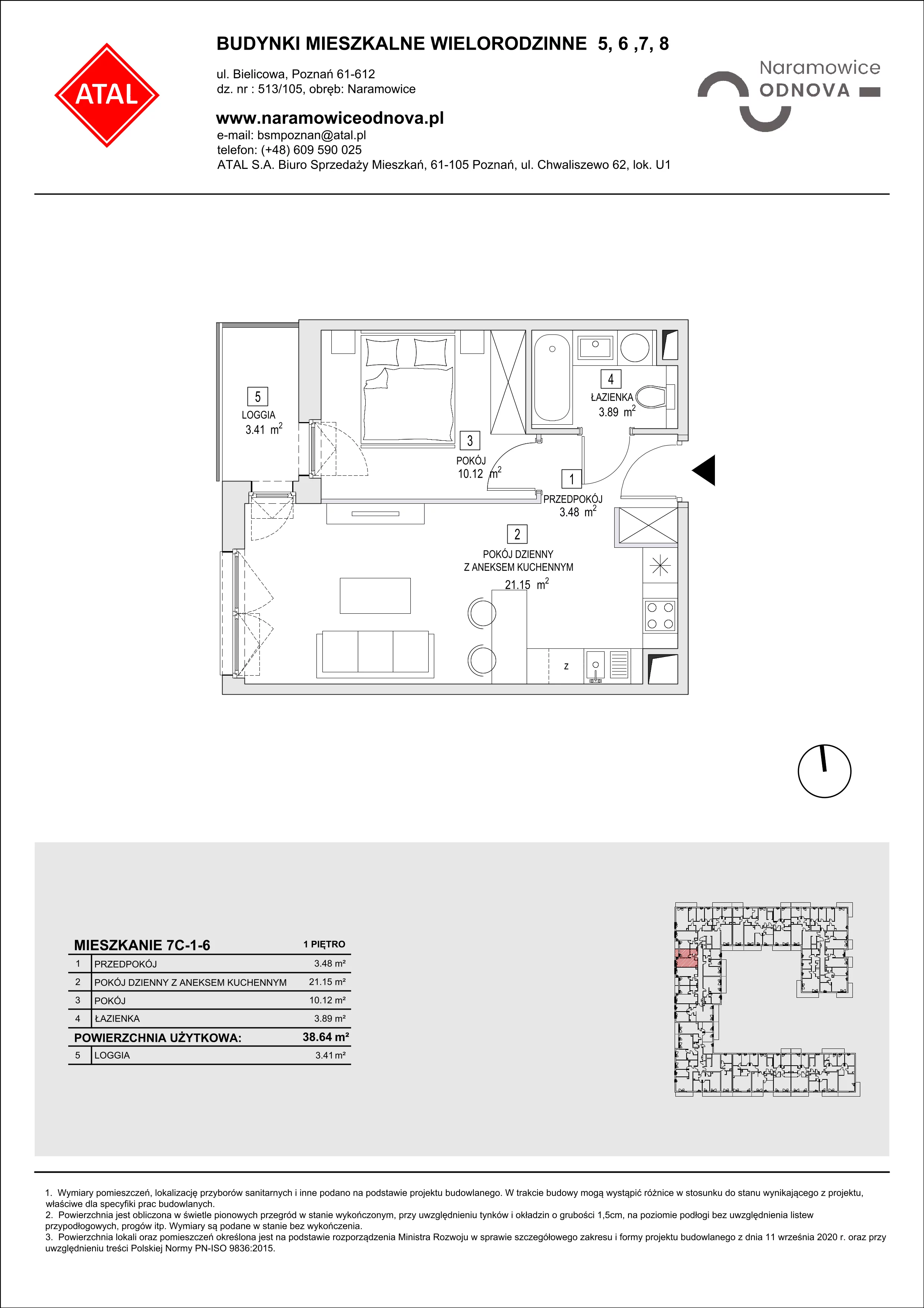 Mieszkanie 38,64 m², piętro 1, oferta nr 7C-1-6, Naramowice Odnova II, Poznań, Naramowice, ul. Bielicowa