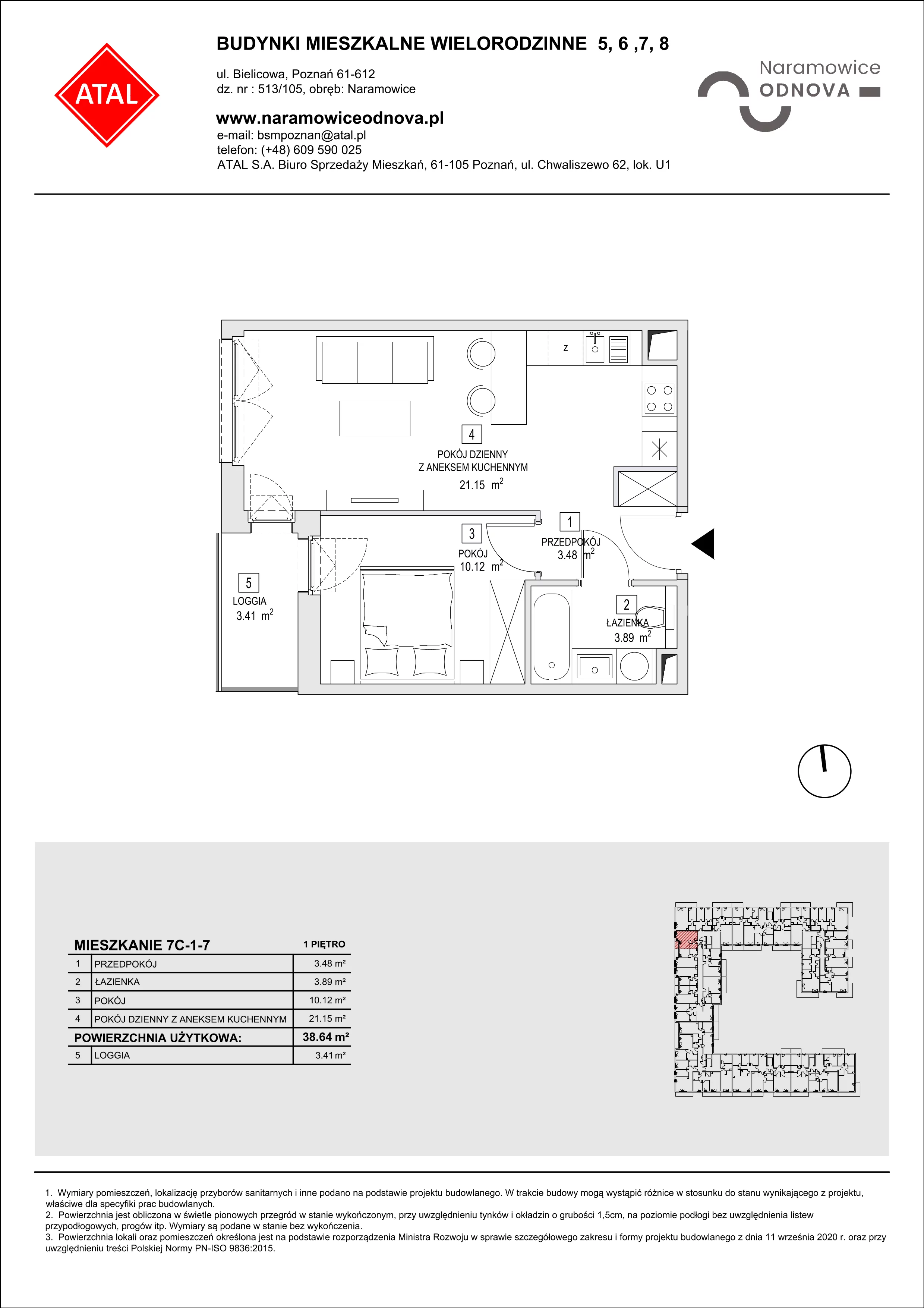 Mieszkanie 38,64 m², piętro 1, oferta nr 7C-1-7, Naramowice Odnova II, Poznań, Naramowice, ul. Bielicowa