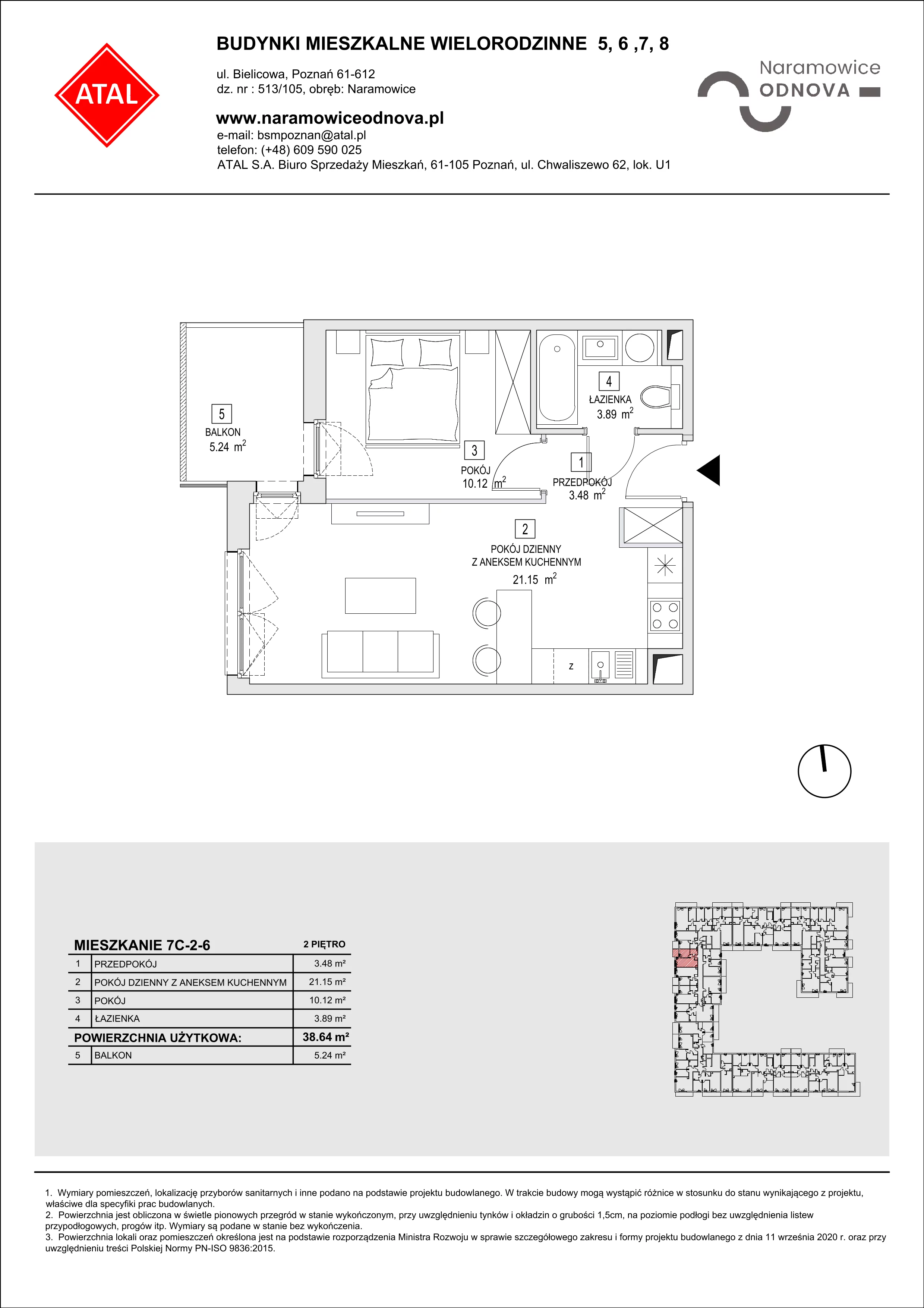 Mieszkanie 38,64 m², piętro 2, oferta nr 7C-2-6, Naramowice Odnova II, Poznań, Naramowice, ul. Bielicowa