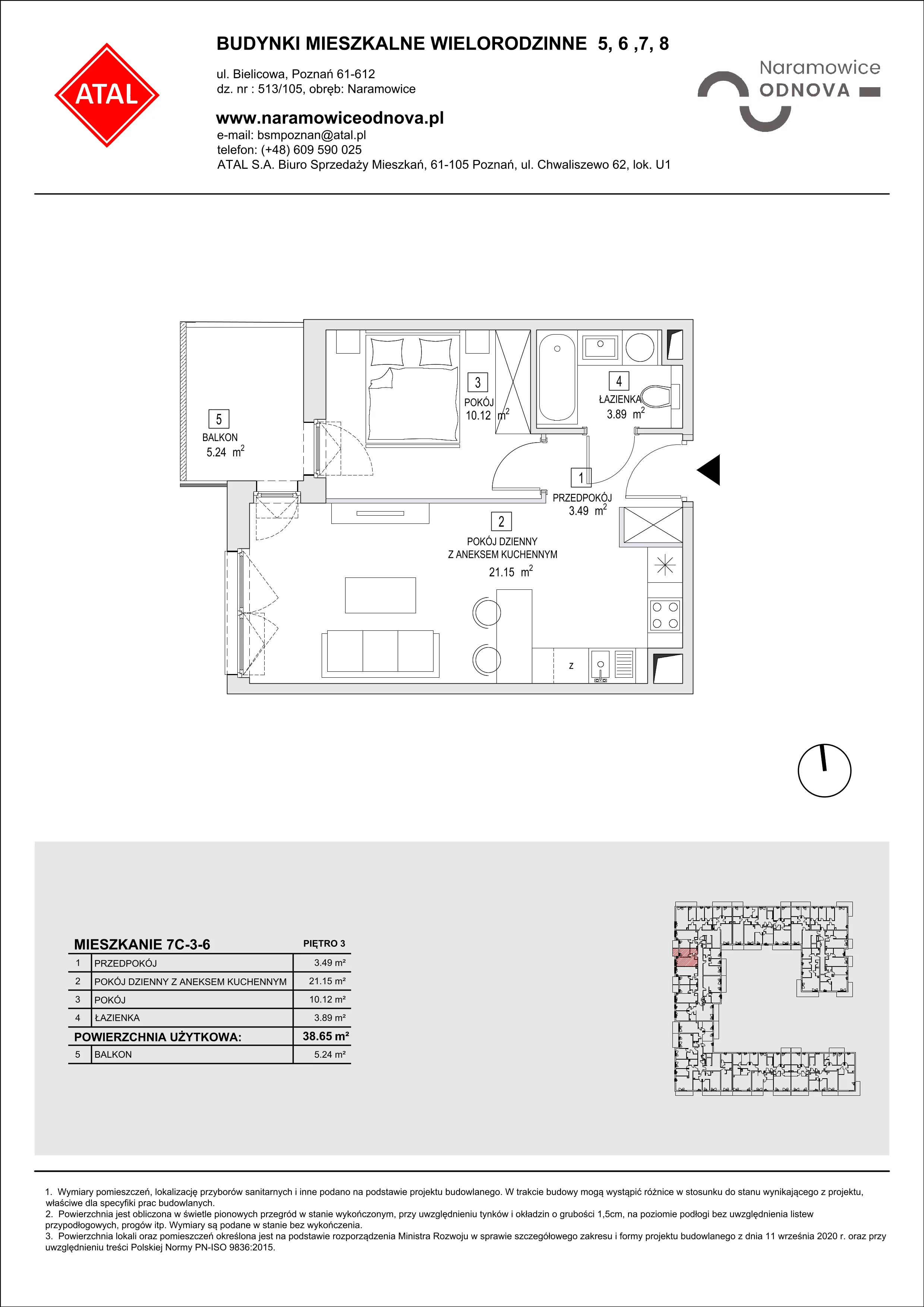 Mieszkanie 38,65 m², piętro 3, oferta nr 7C-3-6, Naramowice Odnova II, Poznań, Naramowice, ul. Bielicowa