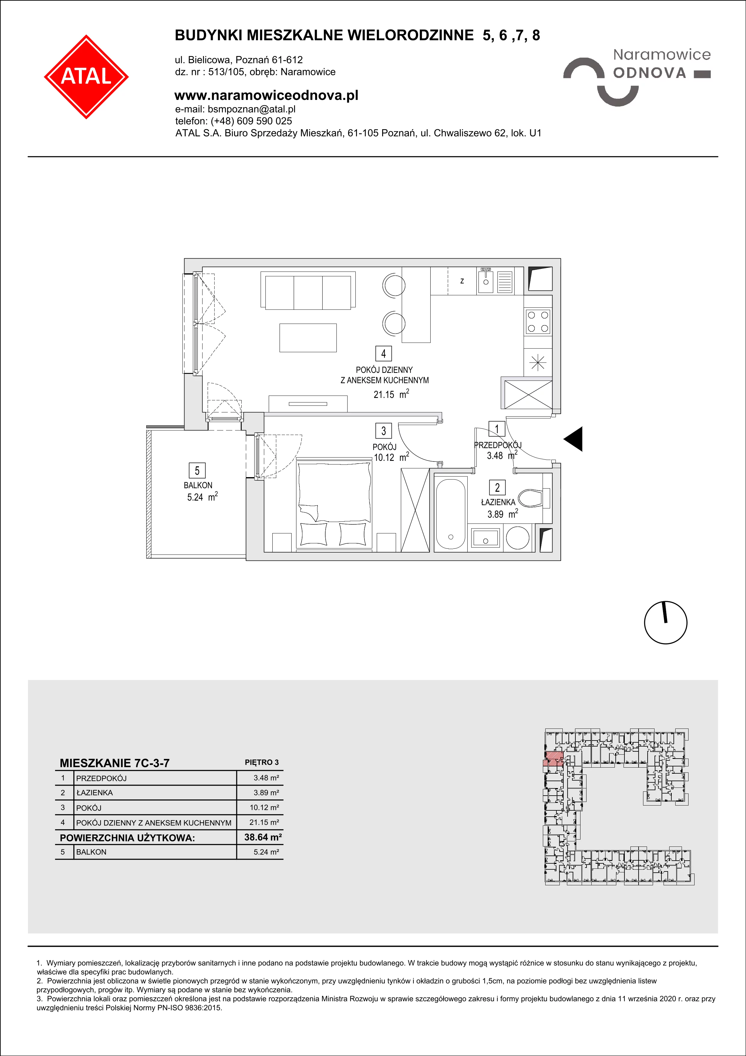 Mieszkanie 38,64 m², piętro 3, oferta nr 7C-3-7, Naramowice Odnova II, Poznań, Naramowice, ul. Bielicowa