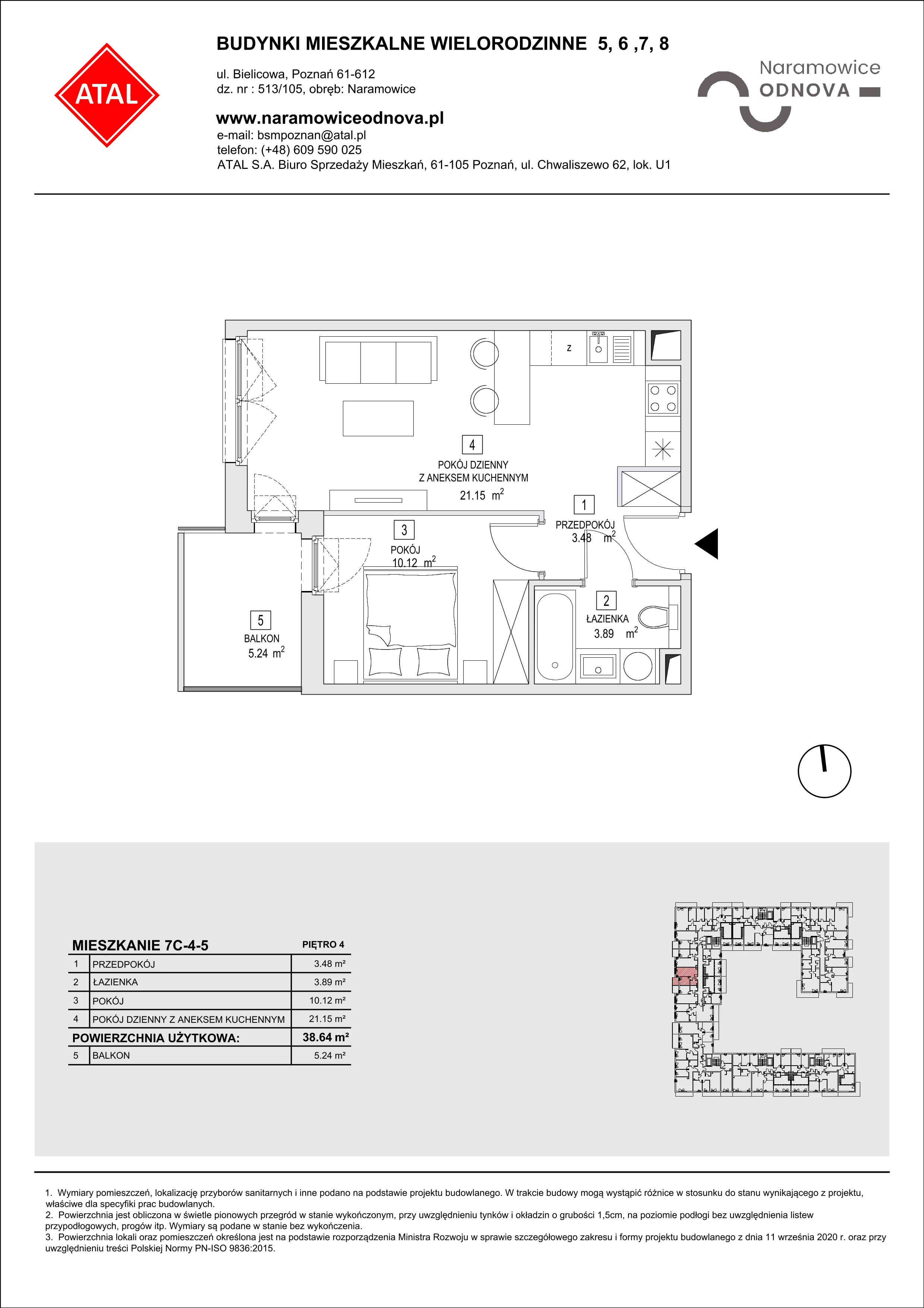 Mieszkanie 38,64 m², piętro 4, oferta nr 7C-4-5, Naramowice Odnova II, Poznań, Naramowice, ul. Bielicowa