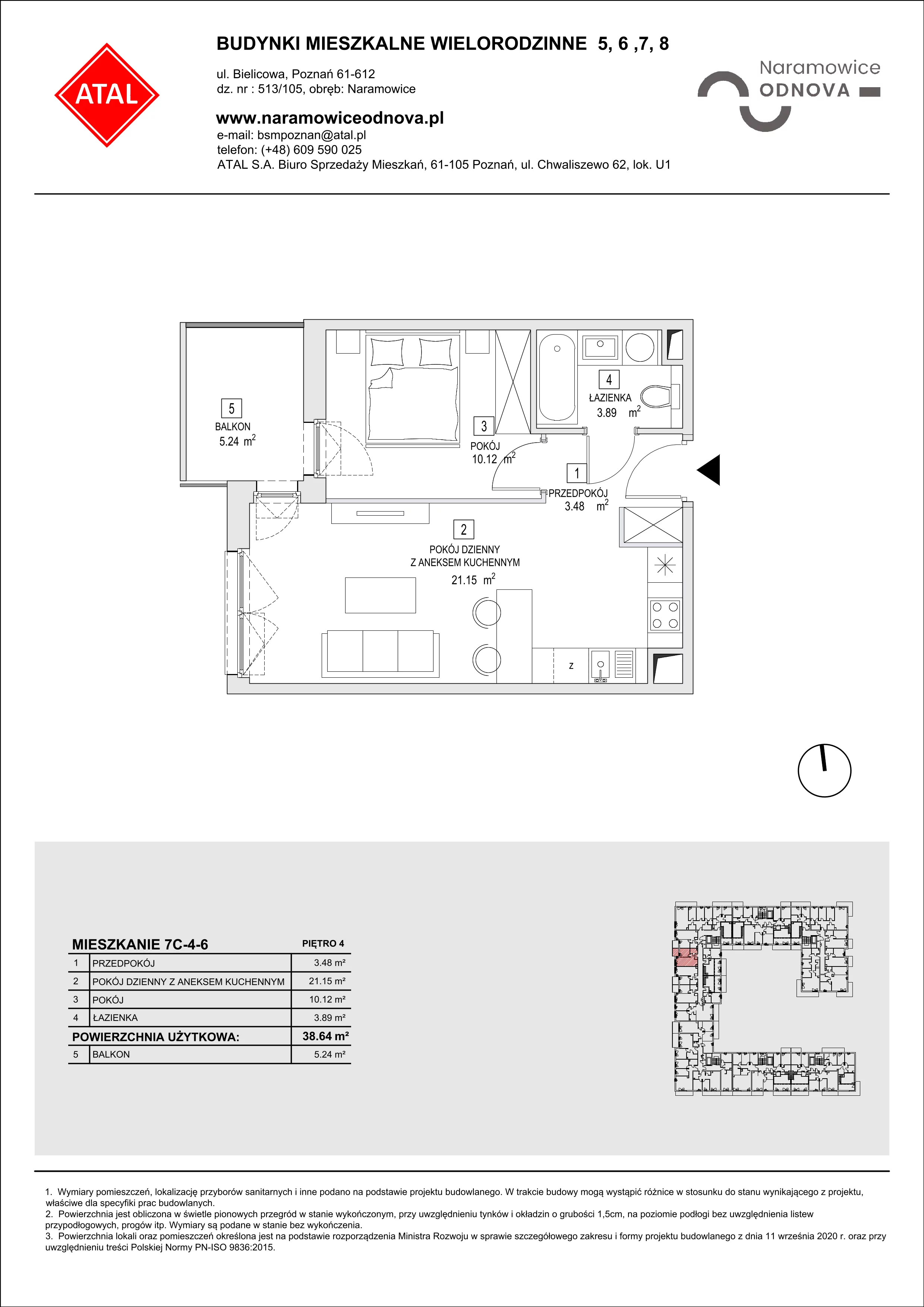 Mieszkanie 38,64 m², piętro 4, oferta nr 7C-4-6, Naramowice Odnova II, Poznań, Naramowice, ul. Bielicowa