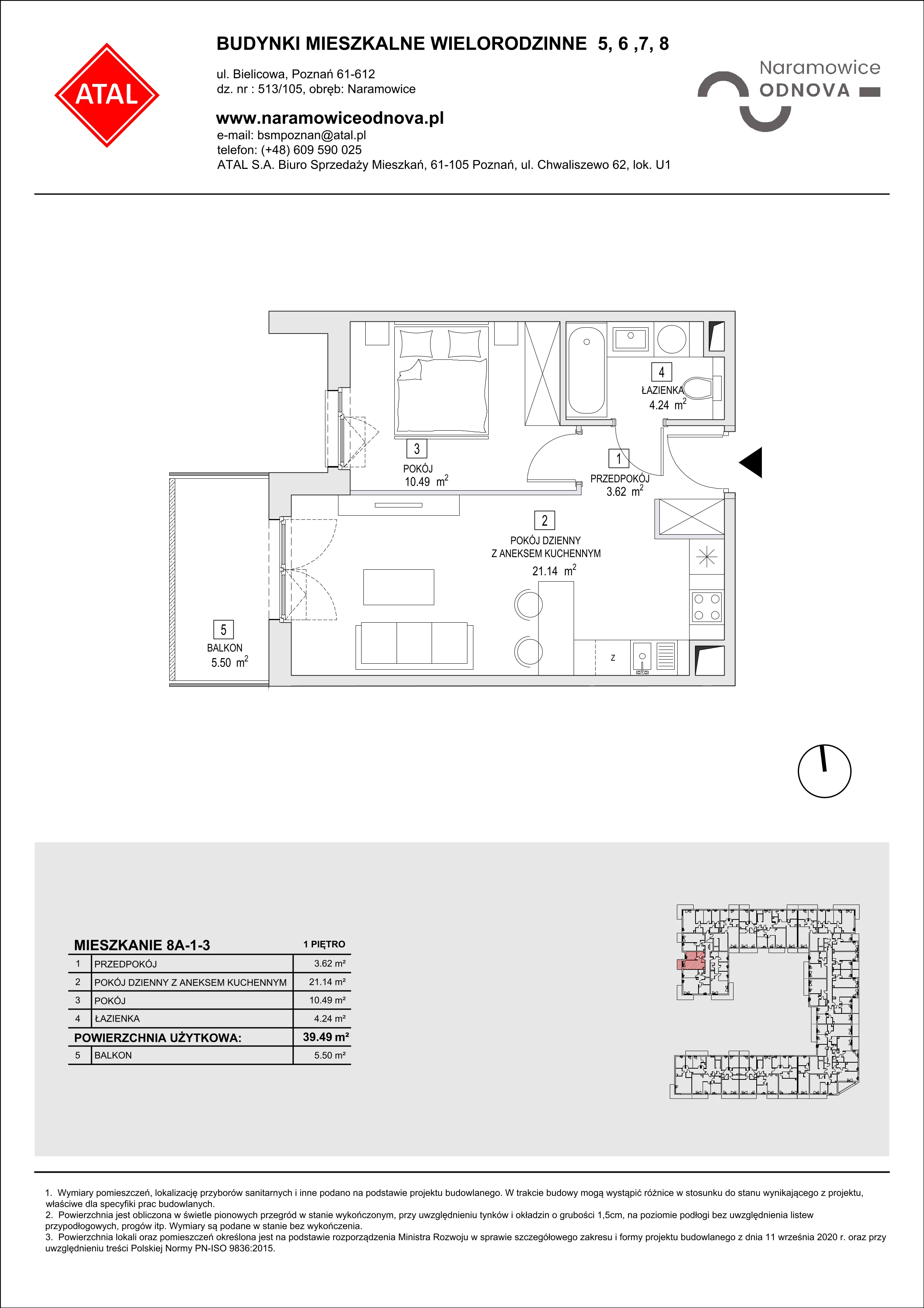 Mieszkanie 39,49 m², piętro 1, oferta nr 8A-1-3, Naramowice Odnova II, Poznań, Naramowice, ul. Bielicowa