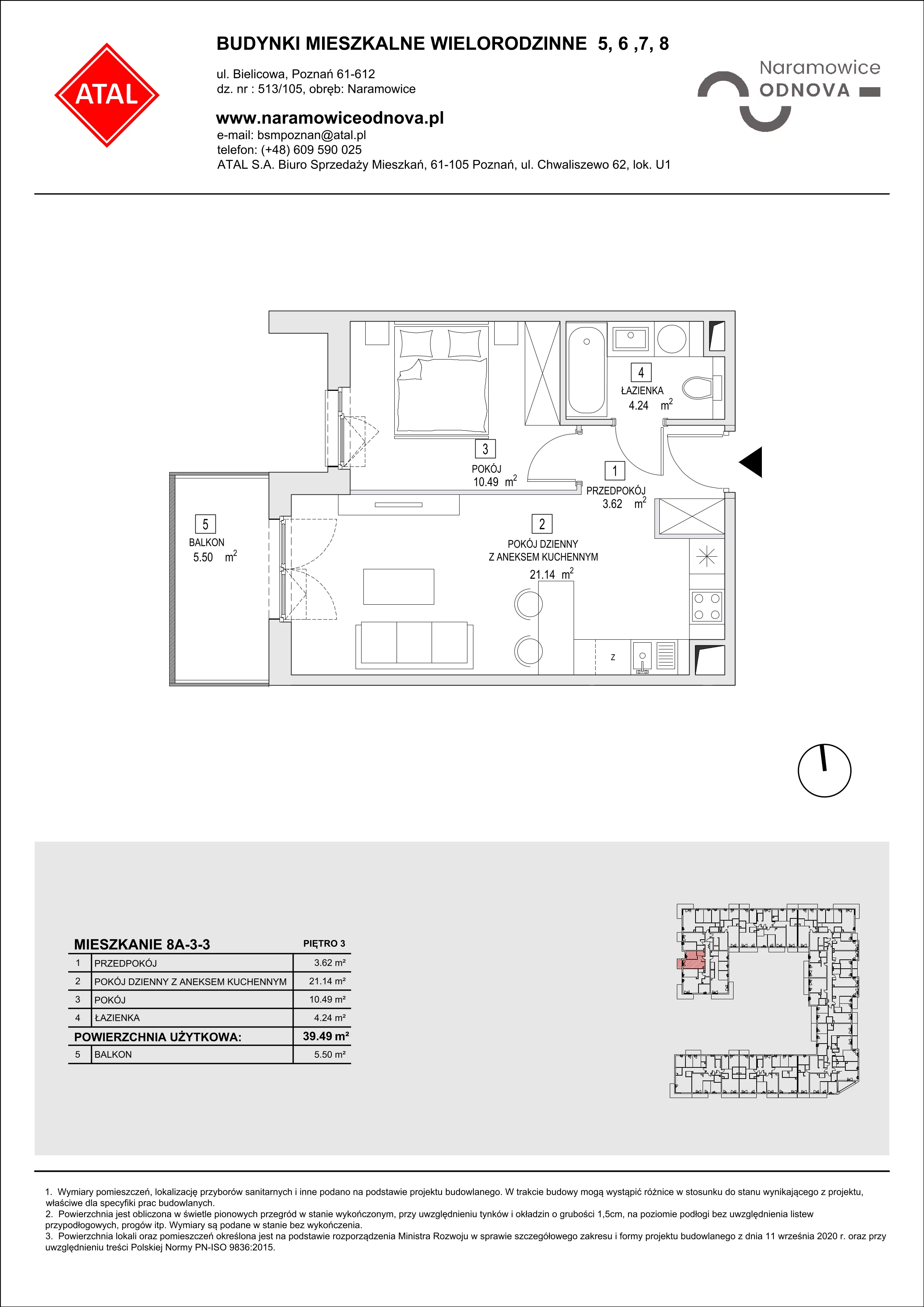 Mieszkanie 39,49 m², piętro 3, oferta nr 8A-3-3, Naramowice Odnova II, Poznań, Naramowice, ul. Bielicowa