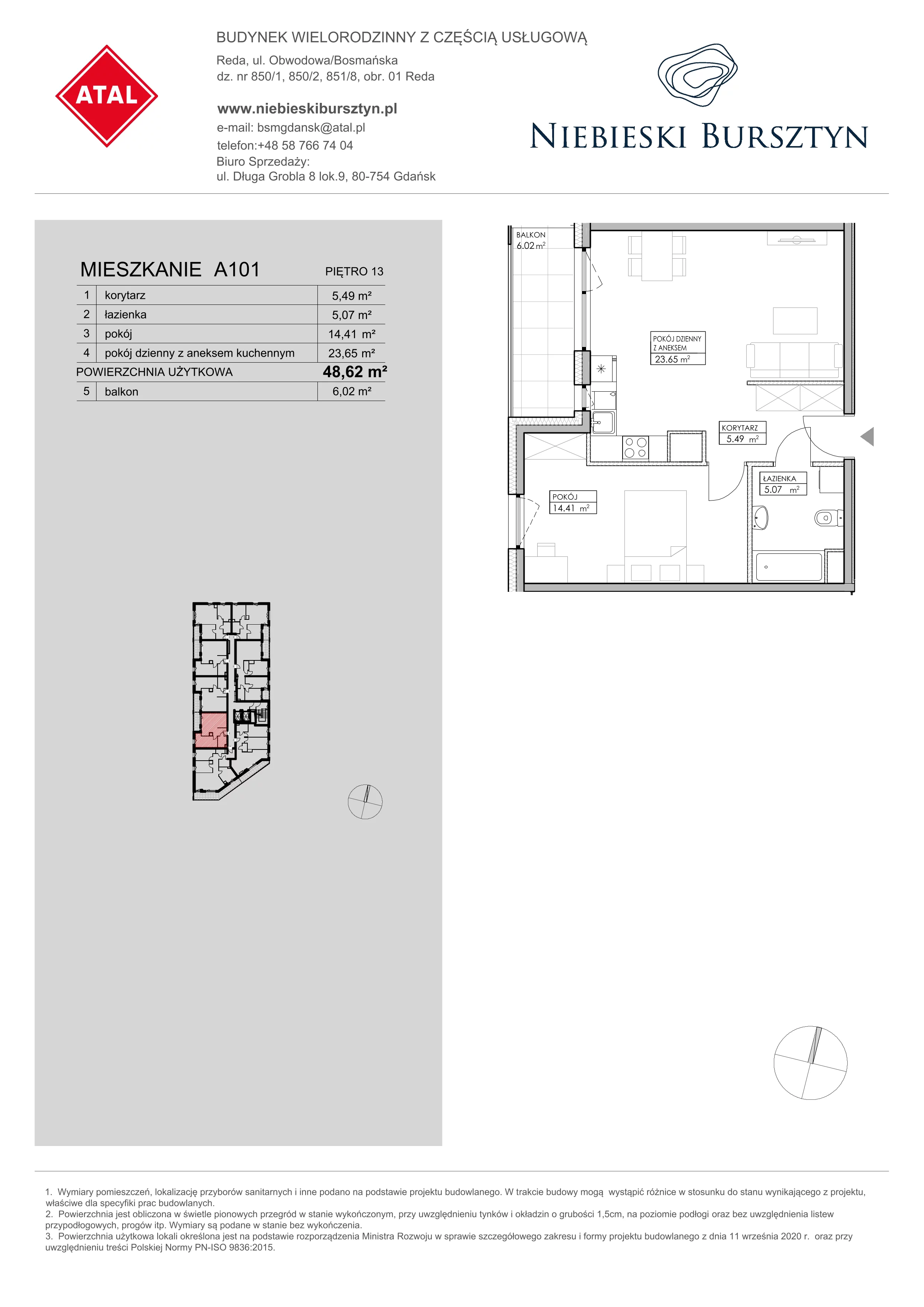 Mieszkanie 48,62 m², piętro 13, oferta nr A101, Niebieski Bursztyn, Reda, ul. Bosmańska