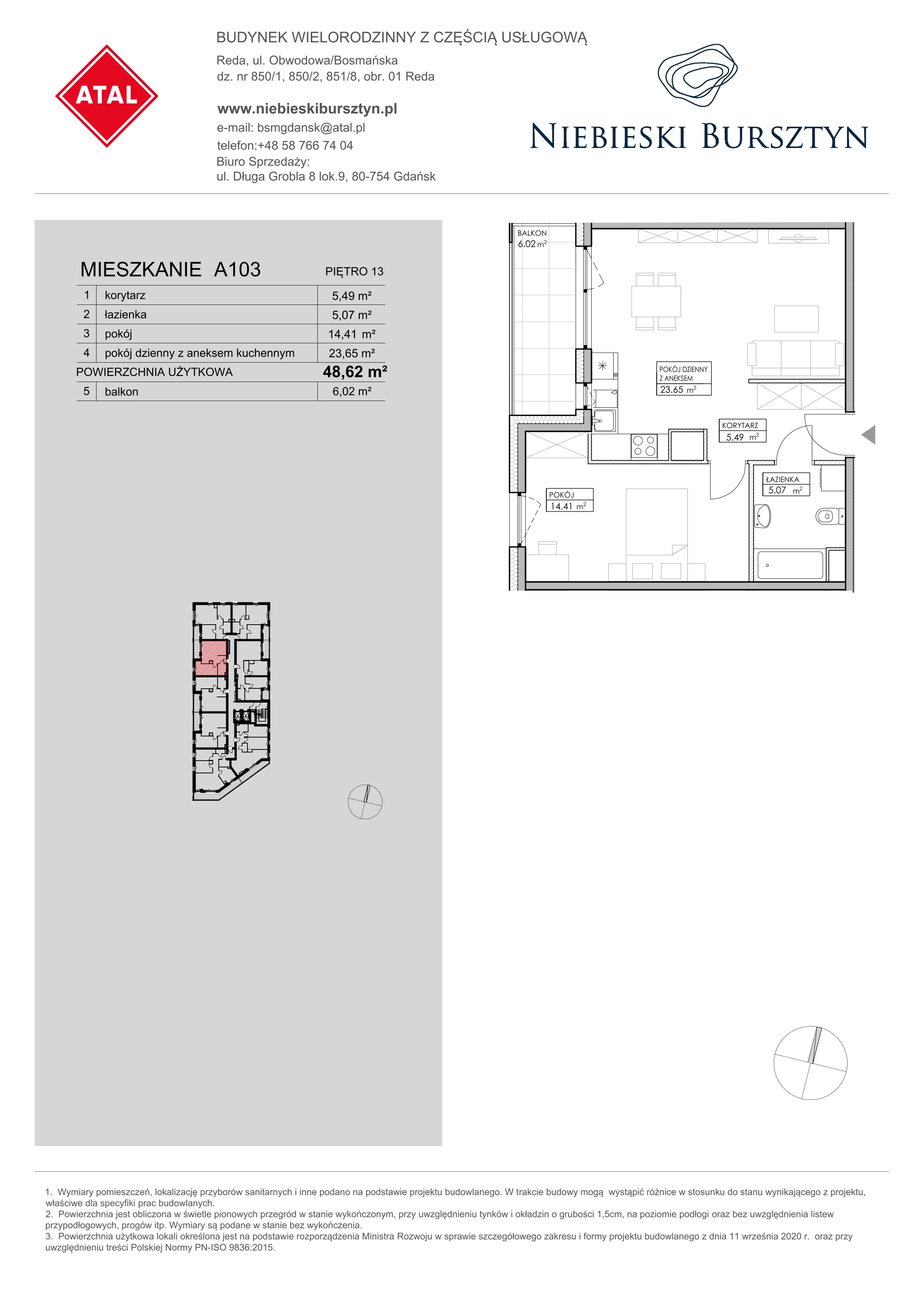 Mieszkanie 48,62 m², piętro 13, oferta nr A103, Niebieski Bursztyn, Reda, ul. Bosmańska